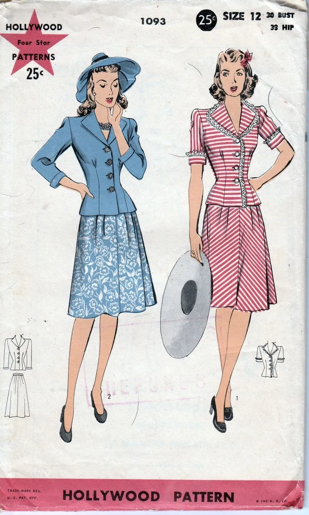 Hollywood 1093 Vintage 1940's Sewing Pattern Ladies Two Piece Dress Suit Shaped Revers