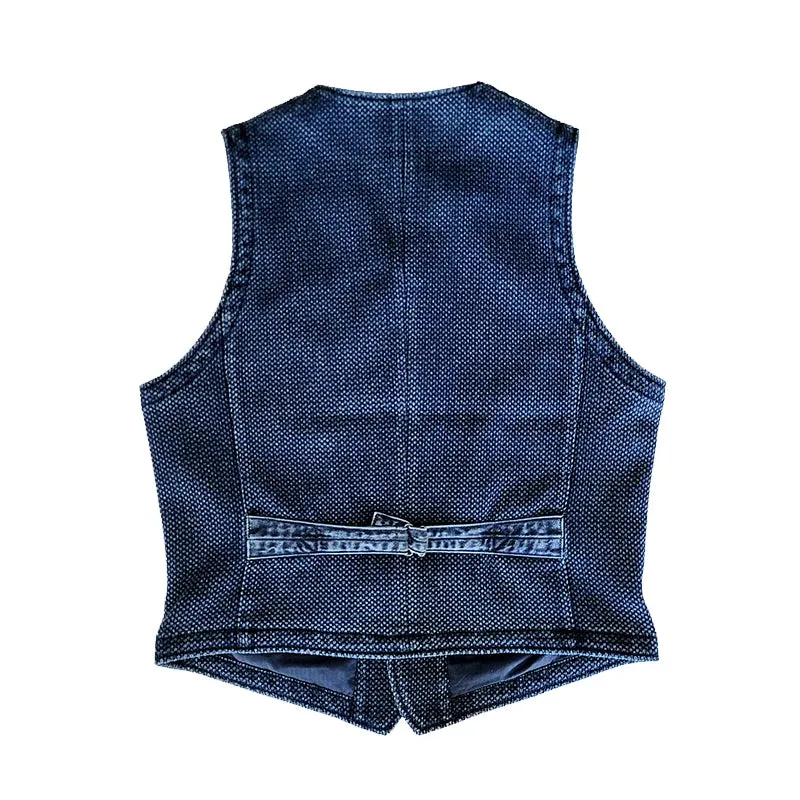 Indigo Blue Slim Fit Sashiko Safari Style Vintage Waistcoat