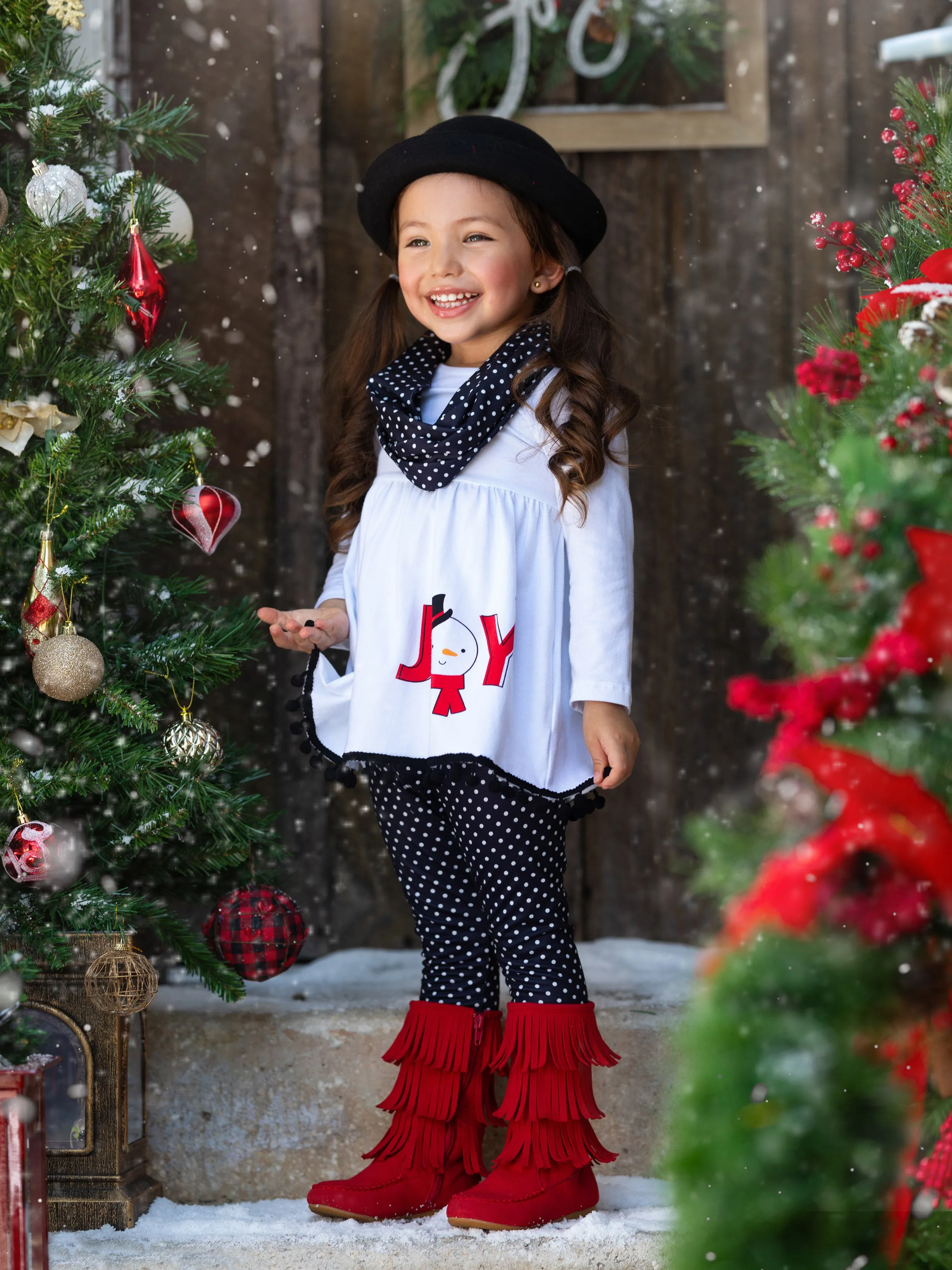 Joyful Days Tunic, Black Leggings, and Scarf Christmas Set