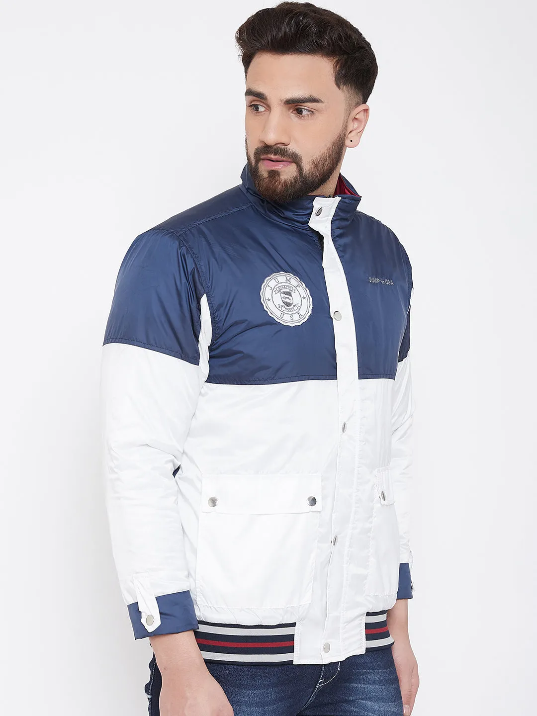 JUMP USA Men Navy Blue & White Colourblocked Casual Open Front Jacket