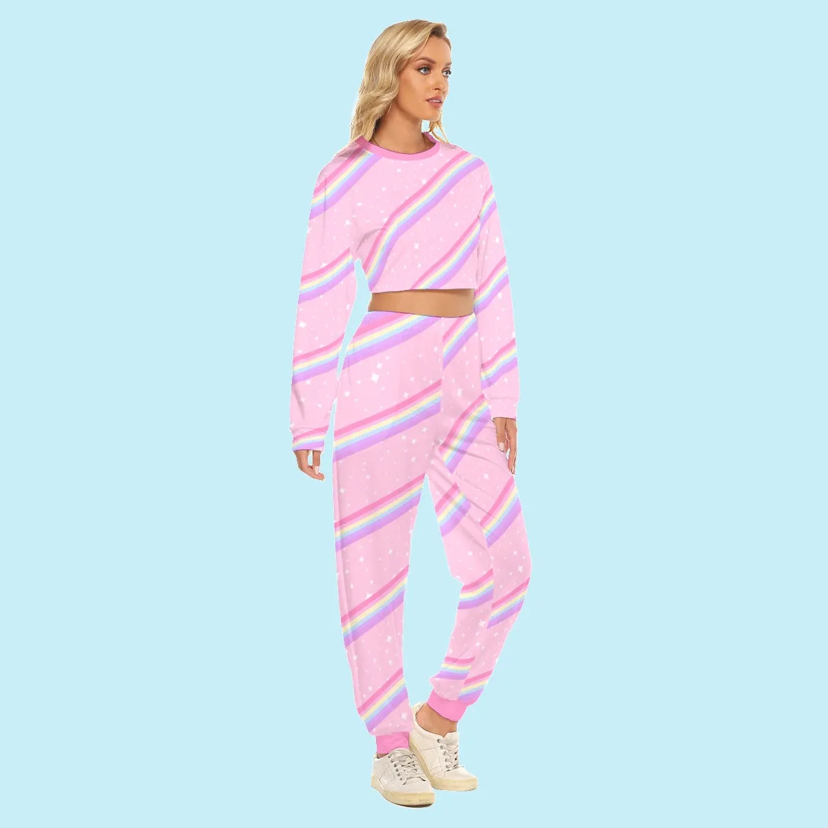 Kawaii Sparkle Cake Rainbow Beam Women's Crop Sweatshirt & Sweatpants Set