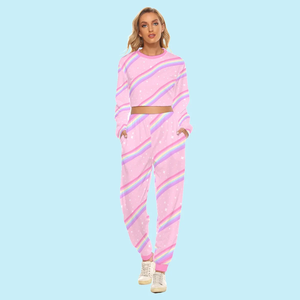 Kawaii Sparkle Cake Rainbow Beam Women's Crop Sweatshirt & Sweatpants Set