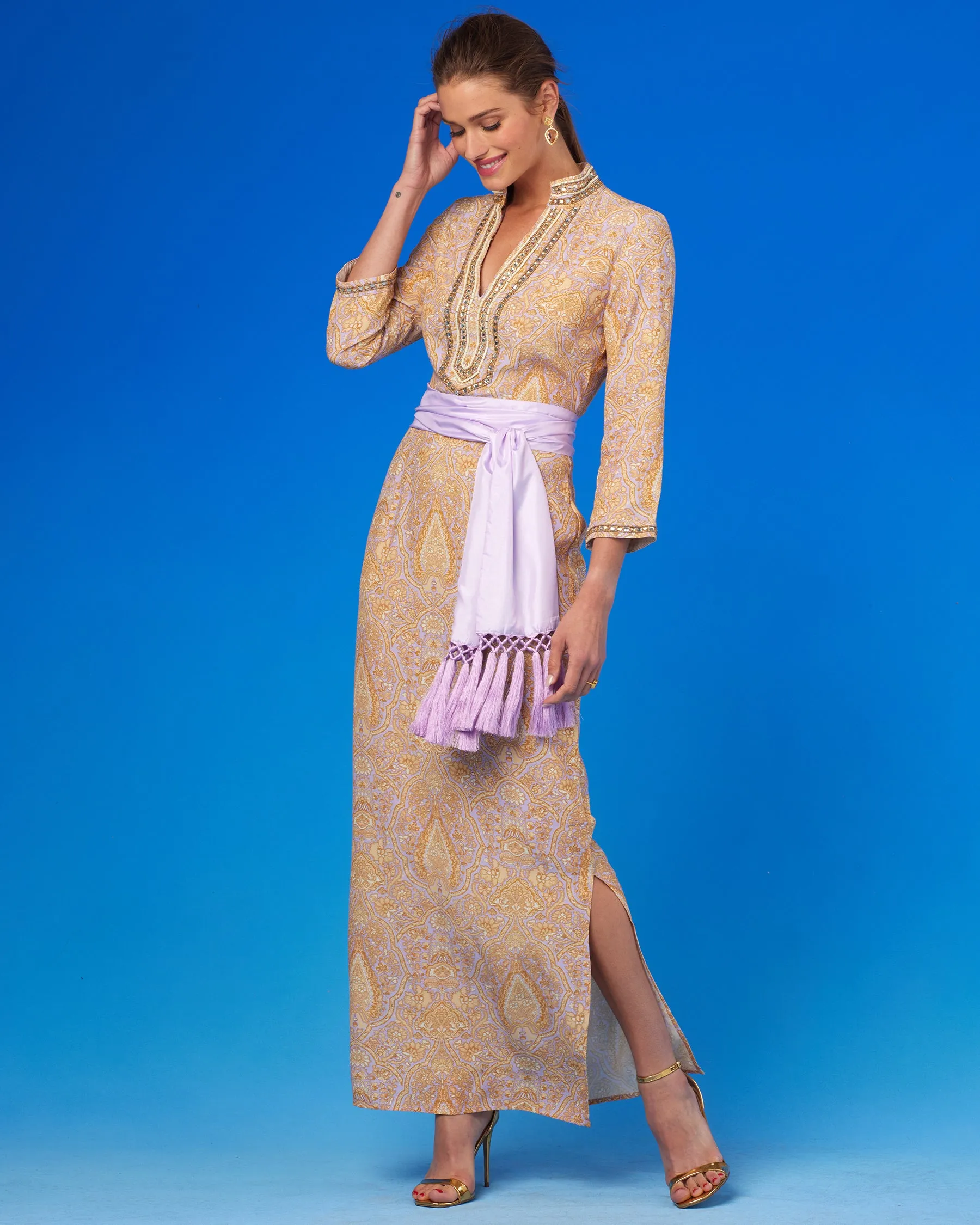 Laetitia Long Dress in Saffron on Lavender with Jewel Embellishment