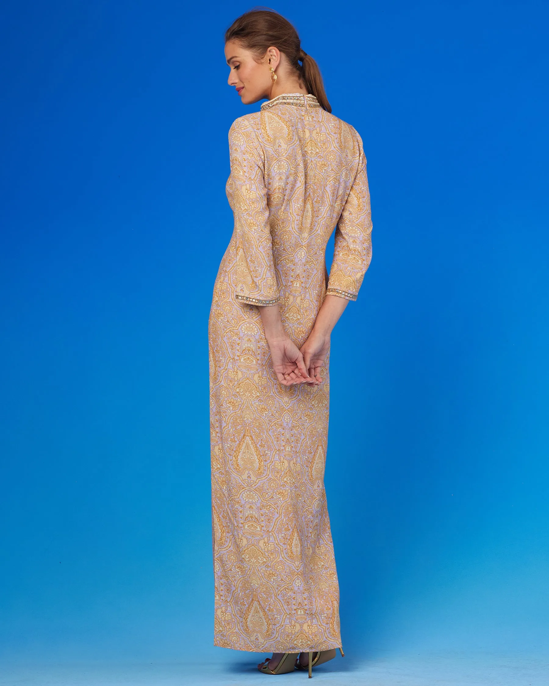 Laetitia Long Dress in Saffron on Lavender with Jewel Embellishment