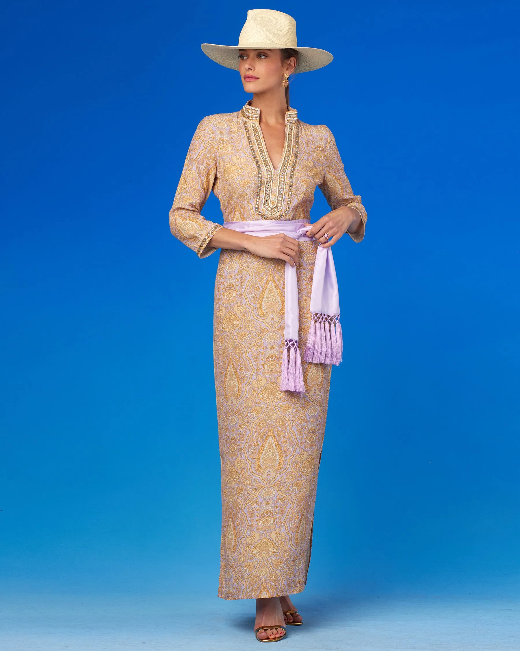 Laetitia Long Dress in Saffron on Lavender with Jewel Embellishment