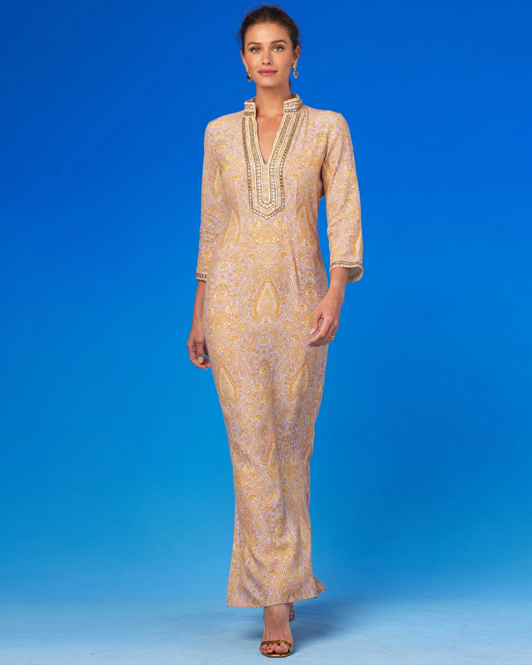 Laetitia Long Dress in Saffron on Lavender with Jewel Embellishment