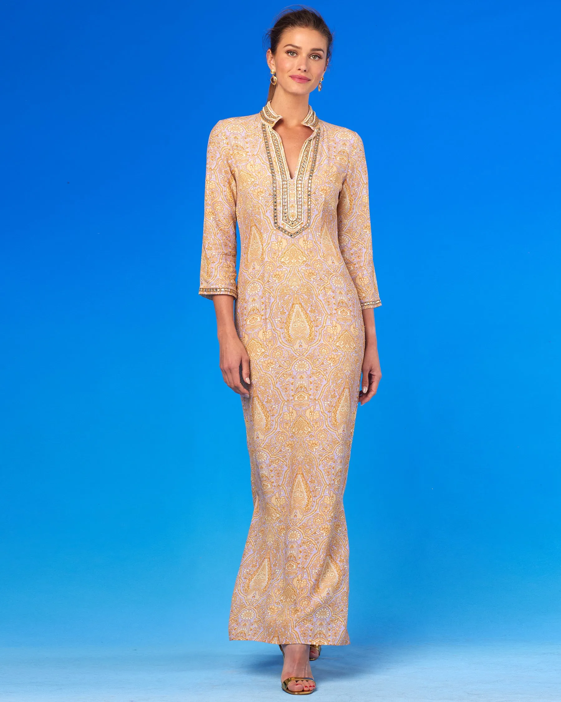 Laetitia Long Dress in Saffron on Lavender with Jewel Embellishment