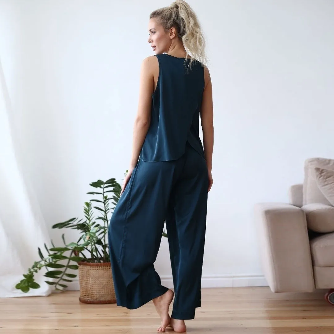 Leisure Split Back Tank Top Wide Leg Pajamas Matching Set - Navy Blue