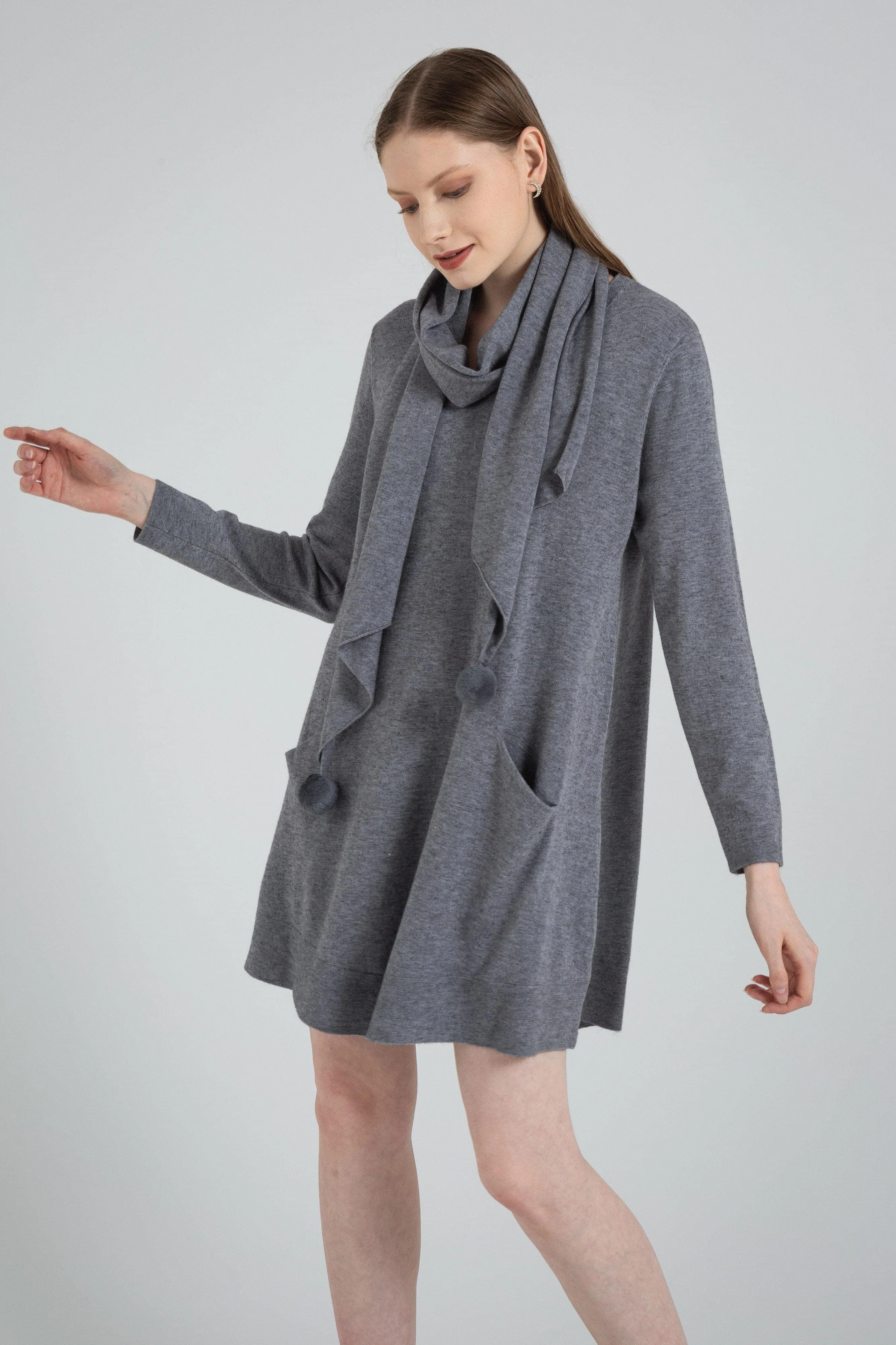 Long Sleeve Casual Soft Sweater Dress   Scarf