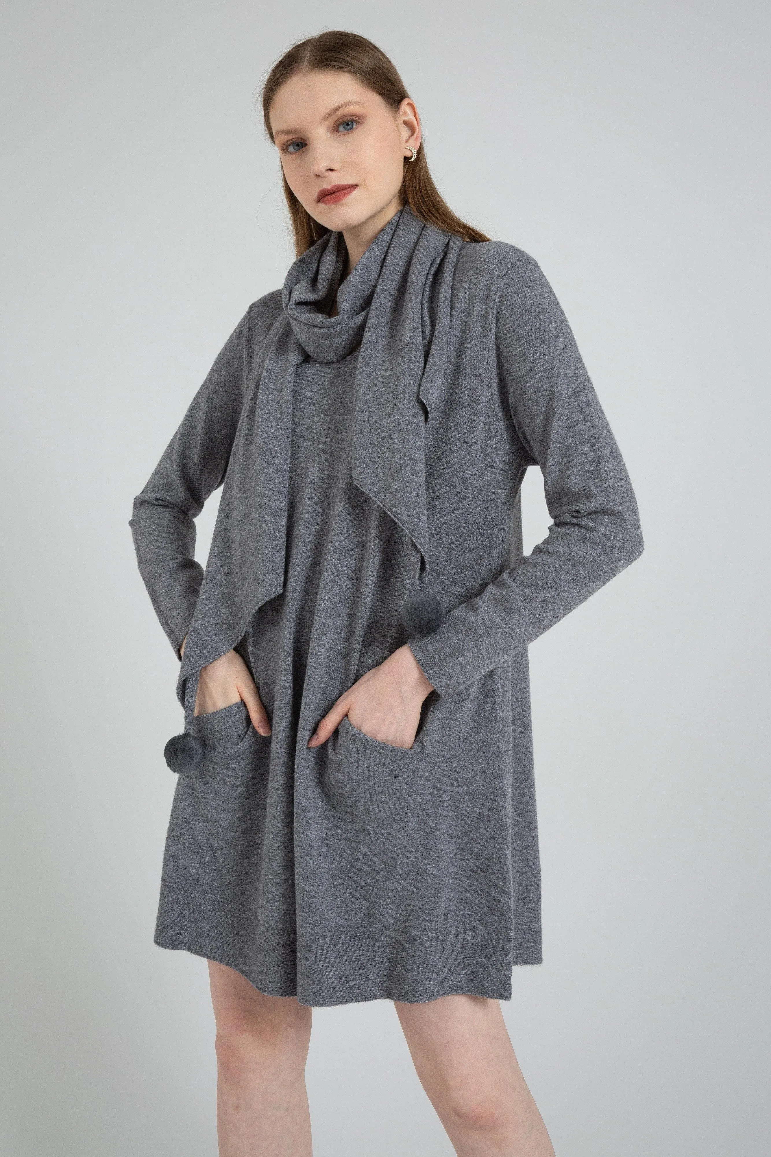 Long Sleeve Casual Soft Sweater Dress   Scarf