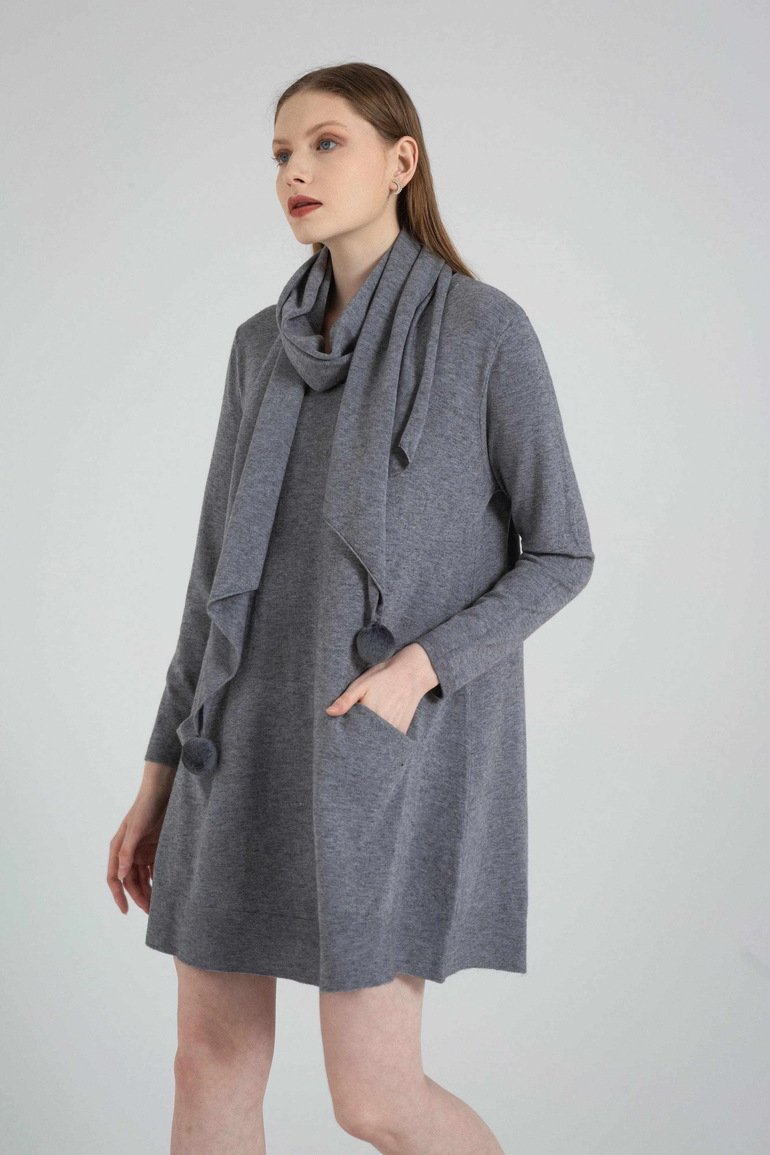 Long Sleeve Casual Soft Sweater Dress   Scarf