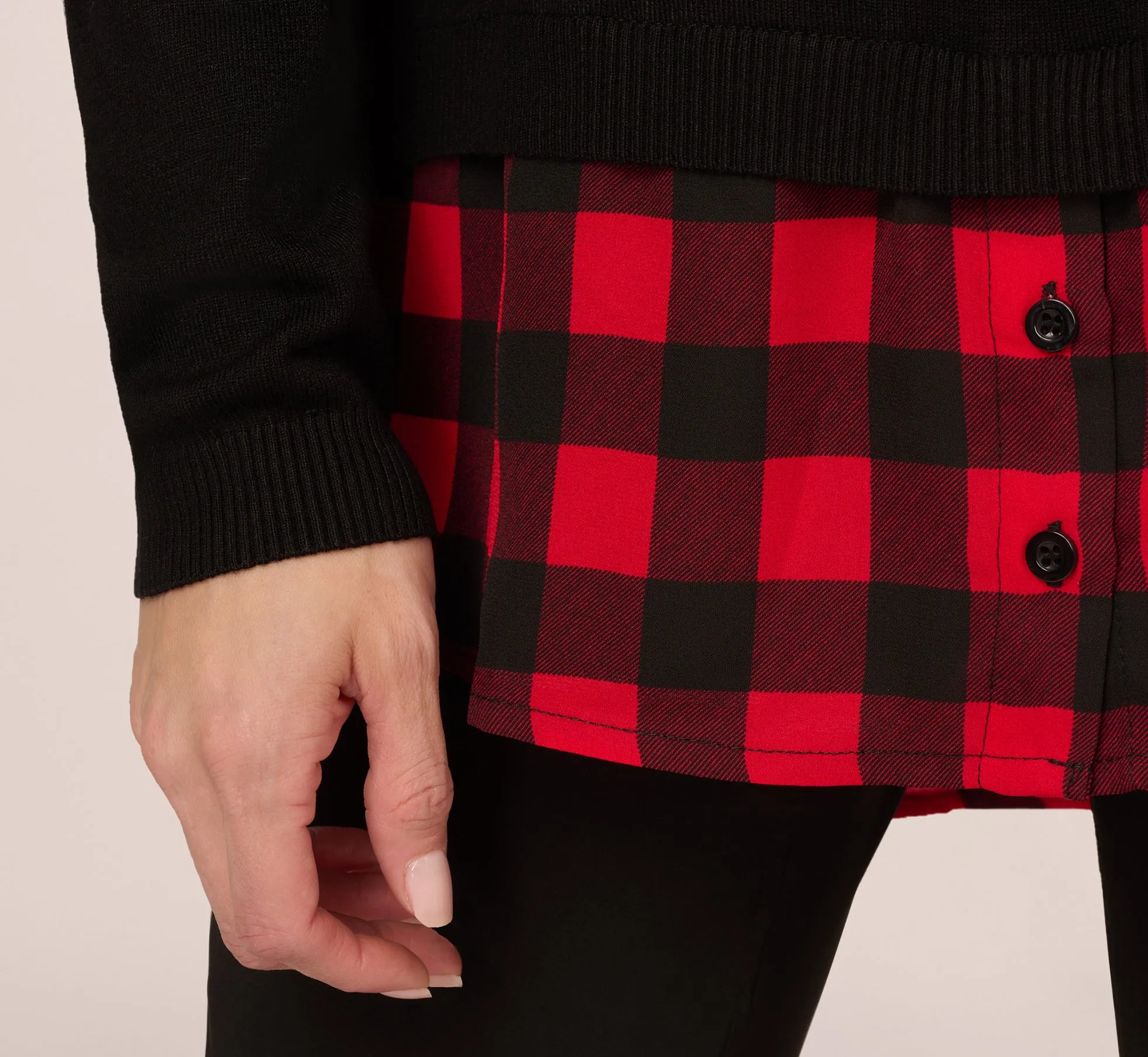 Long Sleeve Layered Sweater Top In Black W  Red Buffalo Plaid