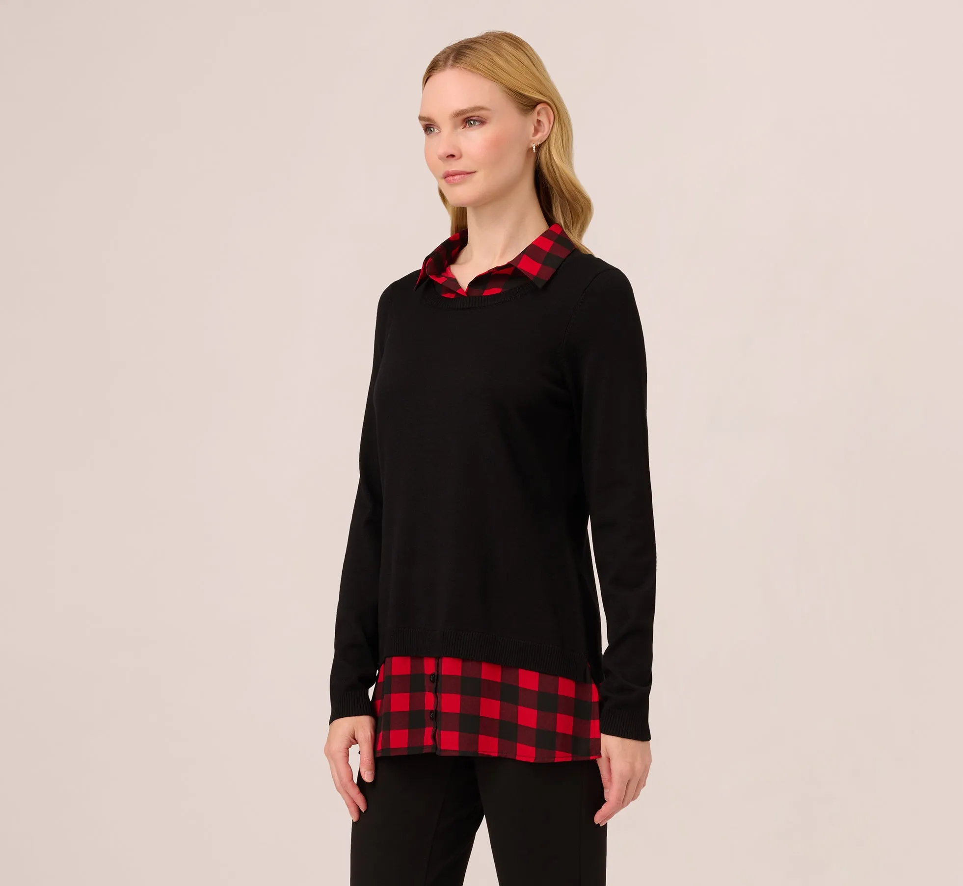 Long Sleeve Layered Sweater Top In Black W  Red Buffalo Plaid