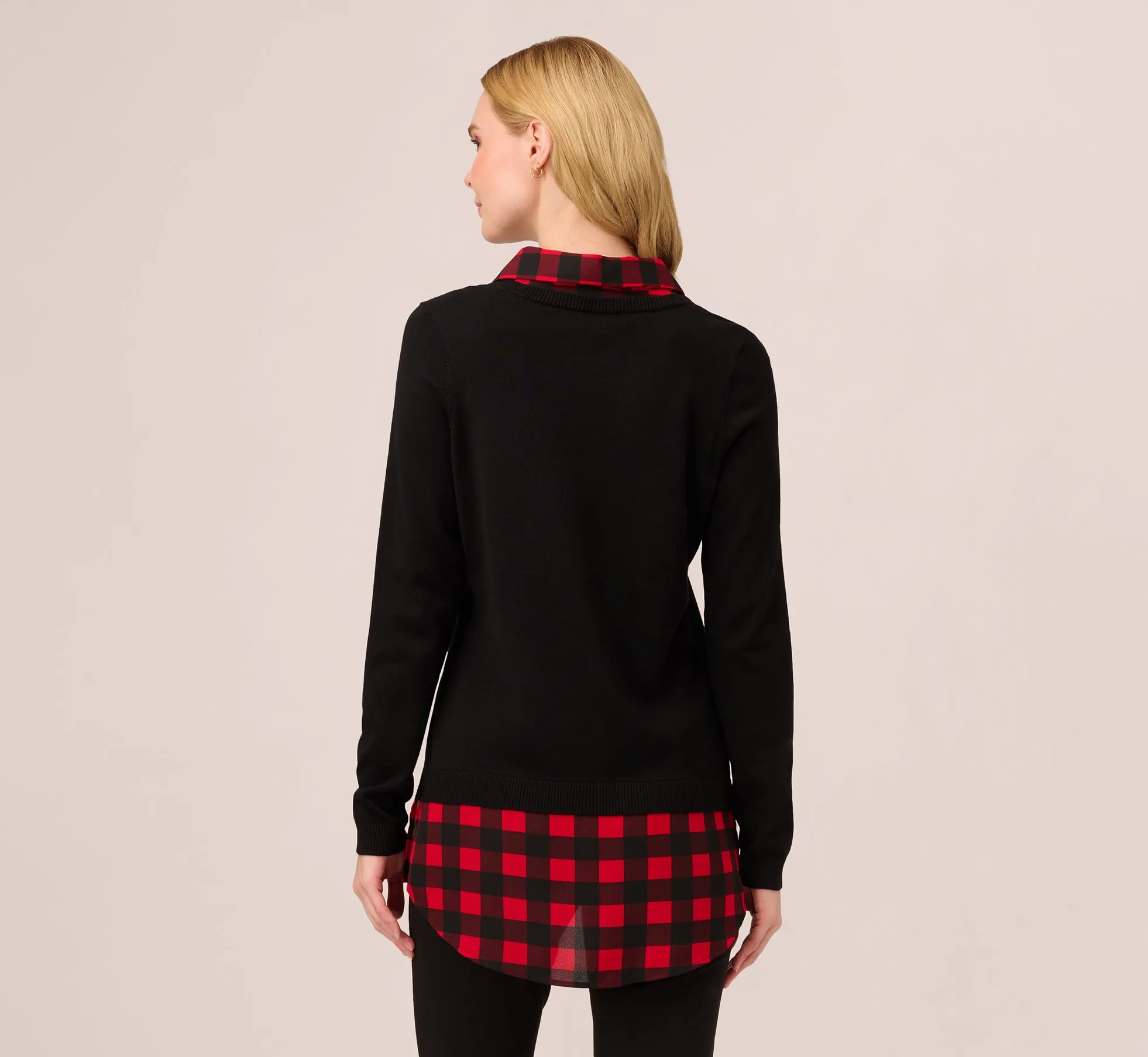 Long Sleeve Layered Sweater Top In Black W  Red Buffalo Plaid