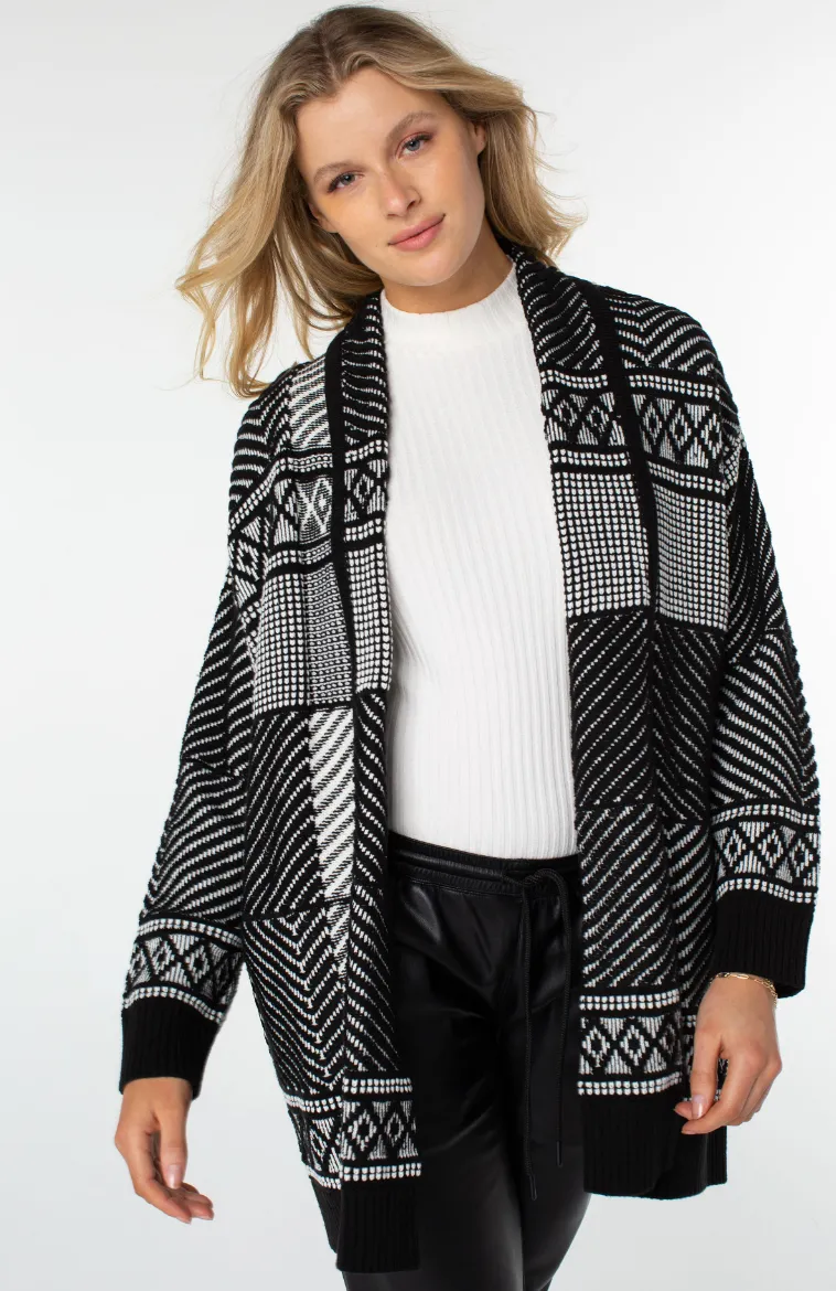 Long Sleeve Open Cardi - Black White Jacquard