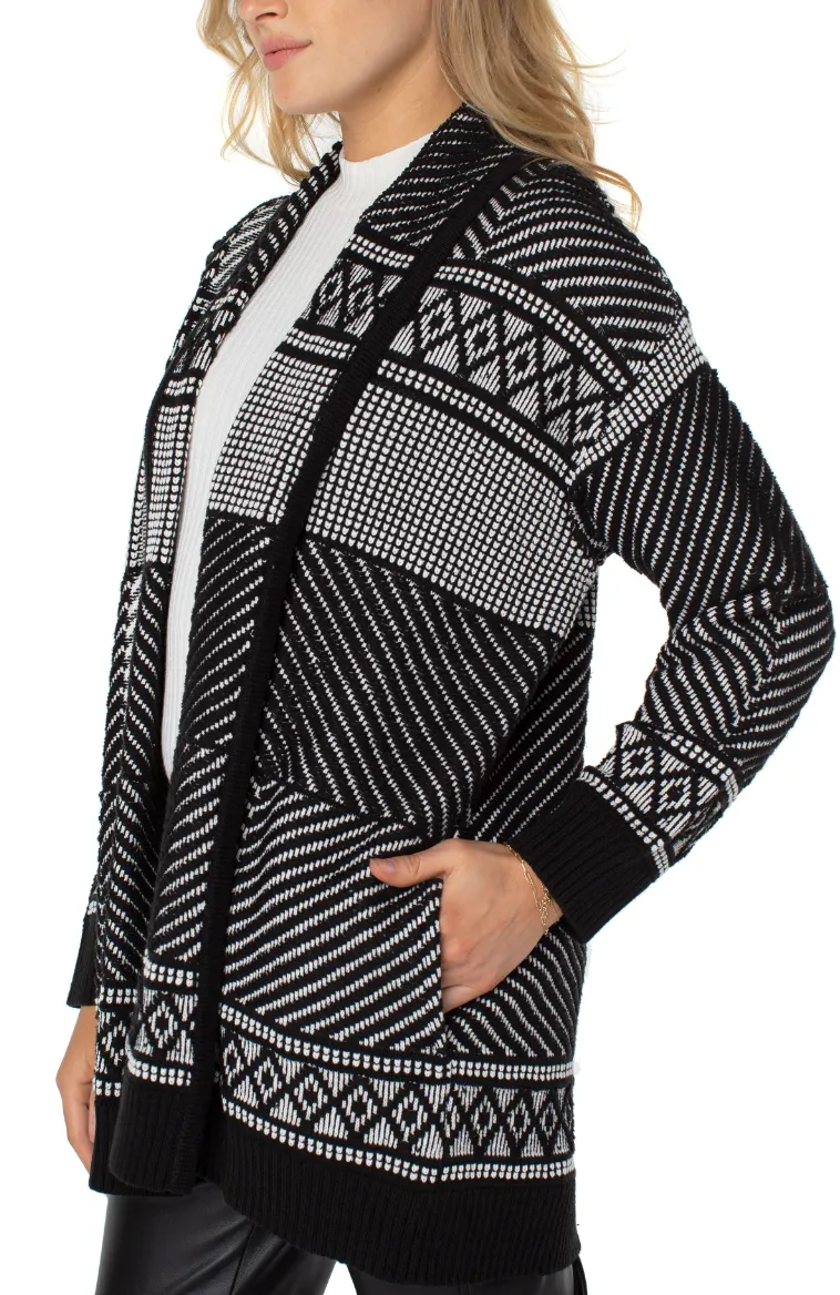 Long Sleeve Open Cardi - Black White Jacquard