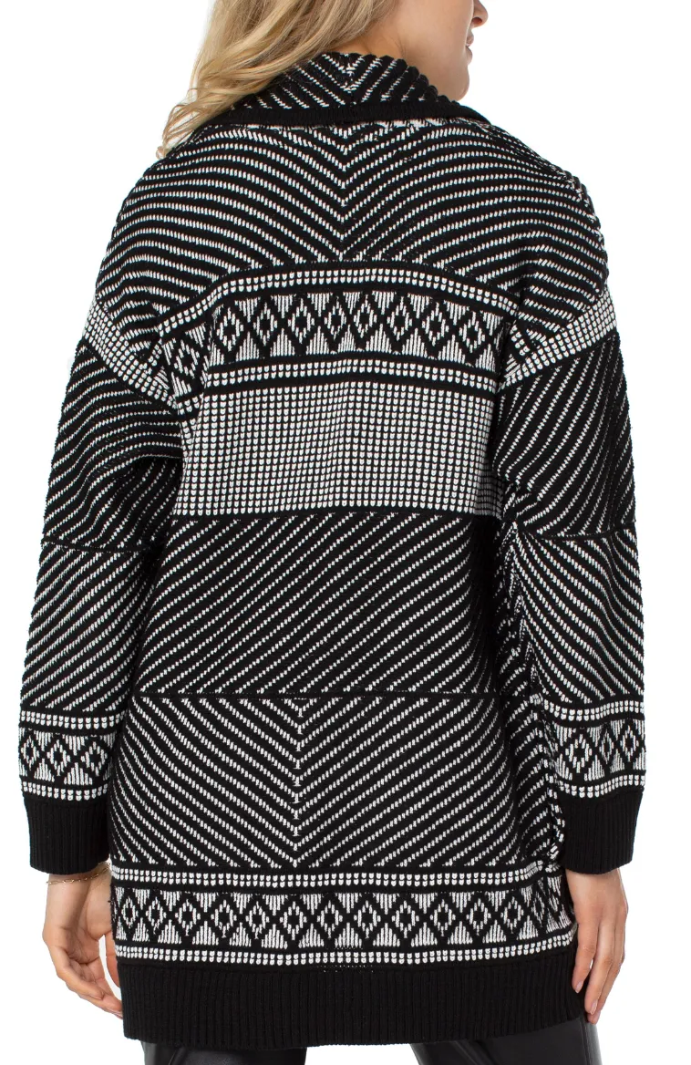 Long Sleeve Open Cardi - Black White Jacquard