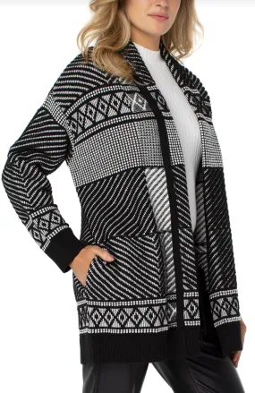 Long Sleeve Open Cardi - Black White Jacquard