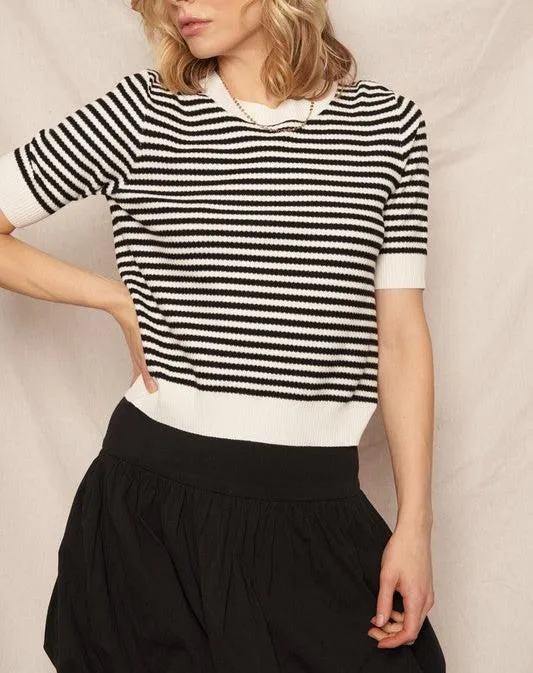 Marjorie Striped Short Sleeve Sweater in Black/White