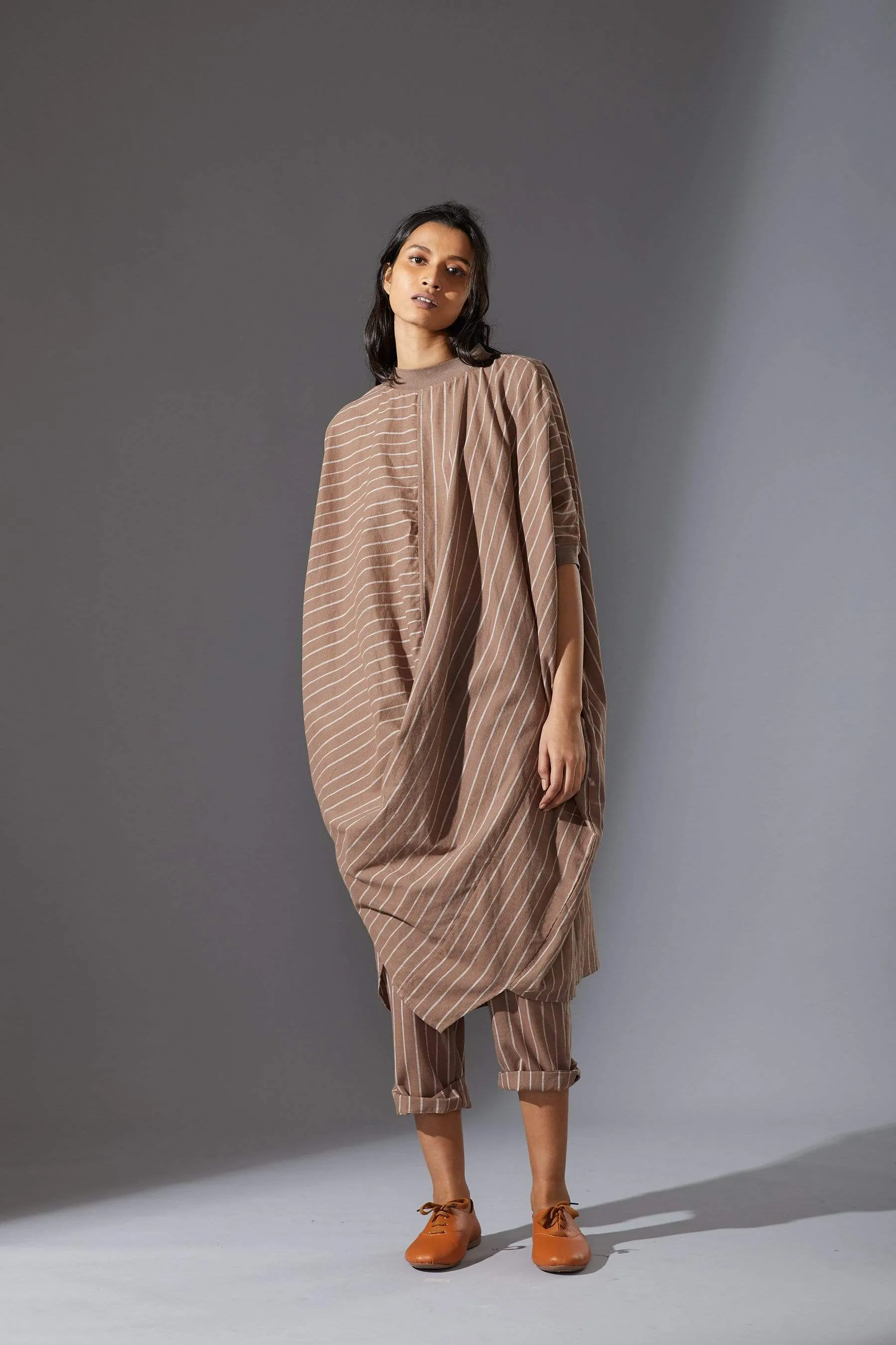 Mati Beige Cowl Tunic With Ribbed Collar