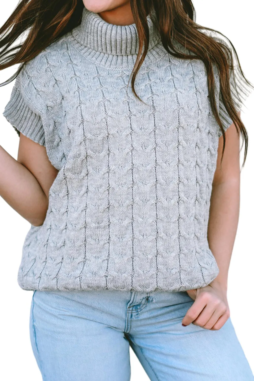 Medium Grey Cable Knit Turtleneck Short Dolman Sleeve Sweater