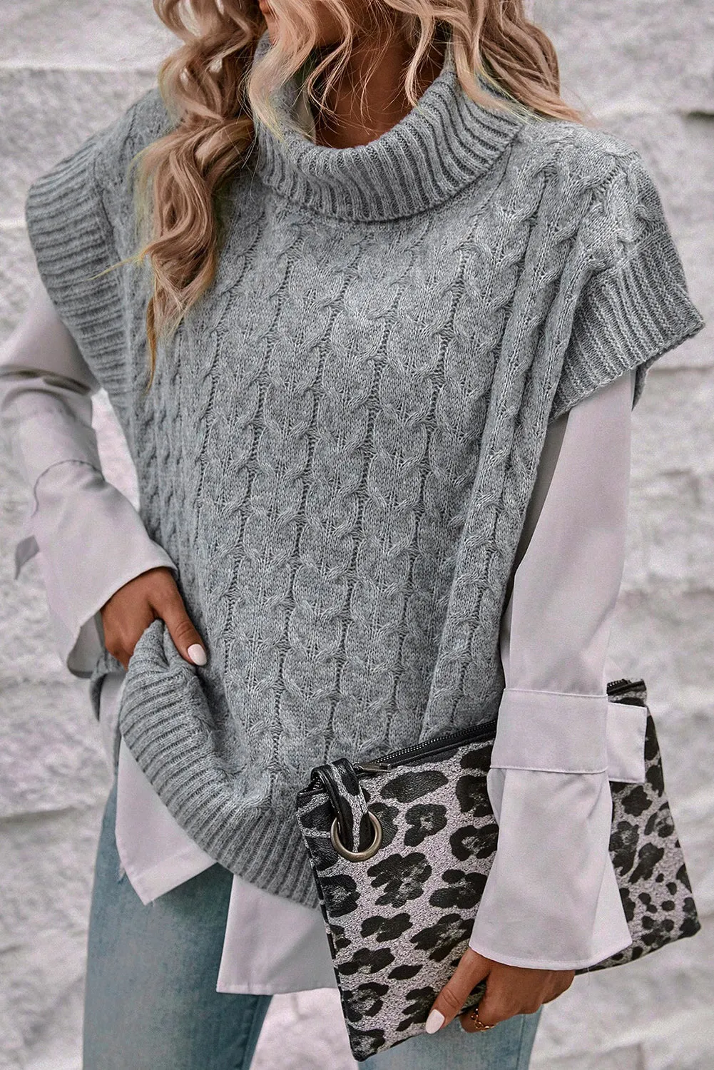 Medium Grey Cable Knit Turtleneck Short Dolman Sleeve Sweater