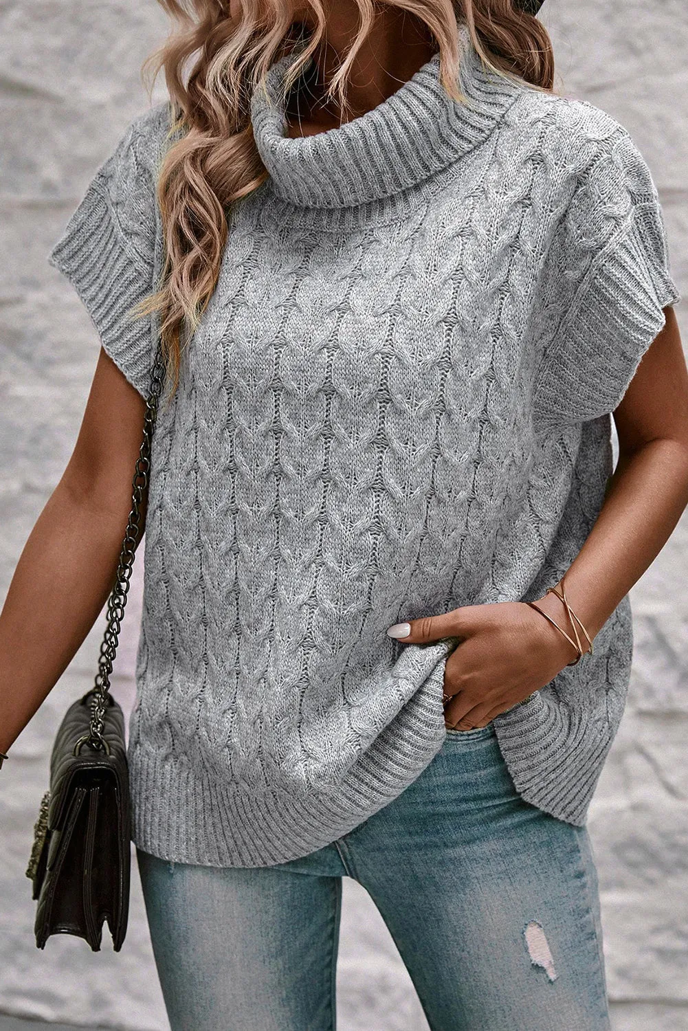 Medium Grey Cable Knit Turtleneck Short Dolman Sleeve Sweater