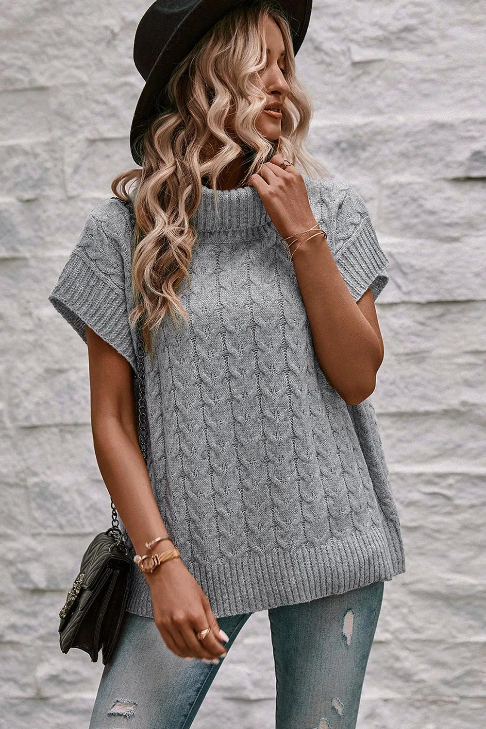 Medium Grey Cable Knit Turtleneck Short Dolman Sleeve Sweater