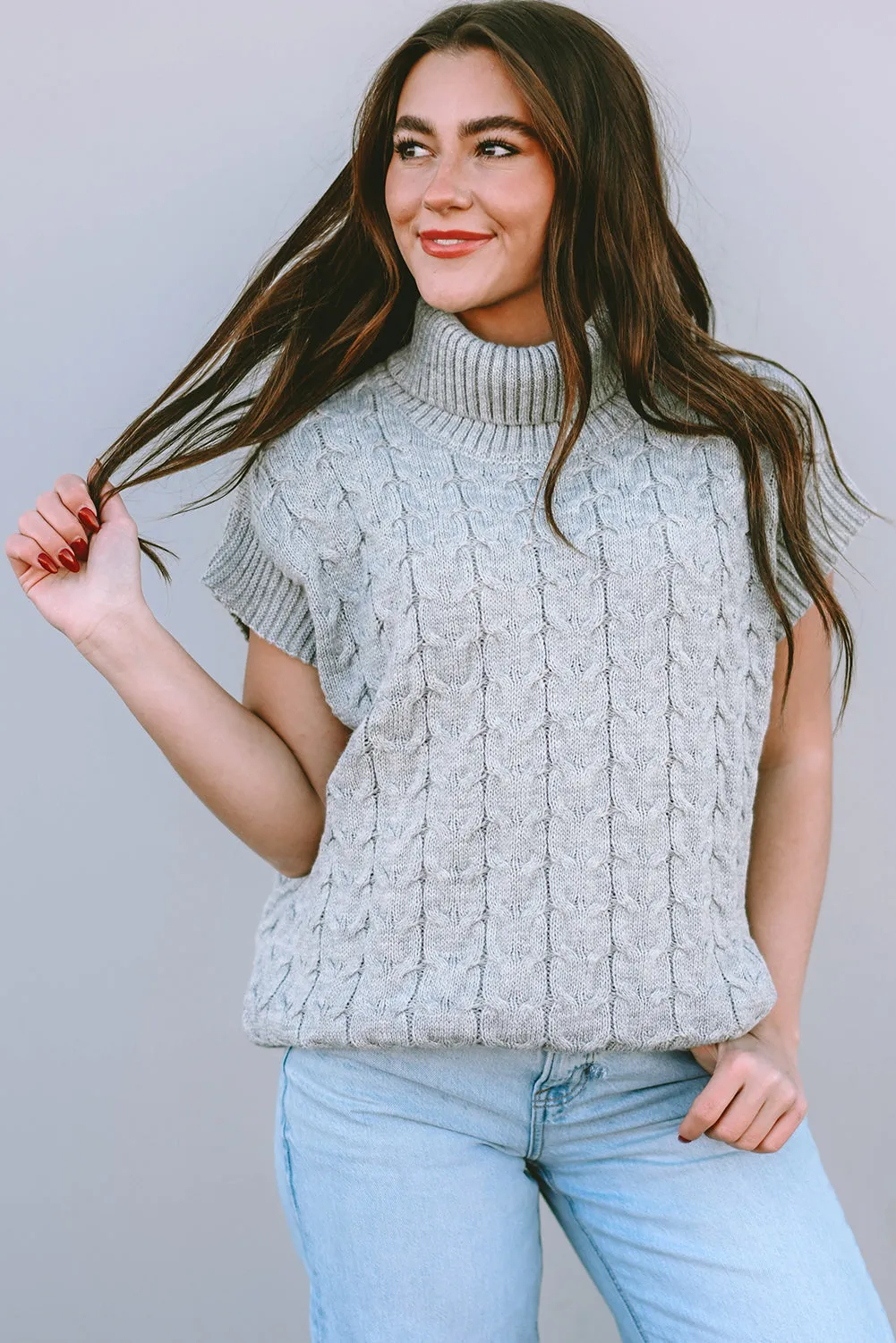 Medium Grey Cable Knit Turtleneck Short Dolman Sleeve Sweater