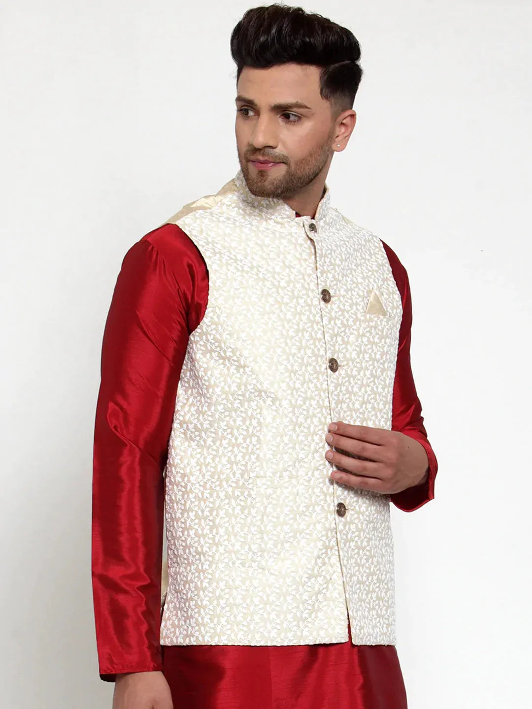 Men'S Beige Embroidered Nehru Jacket