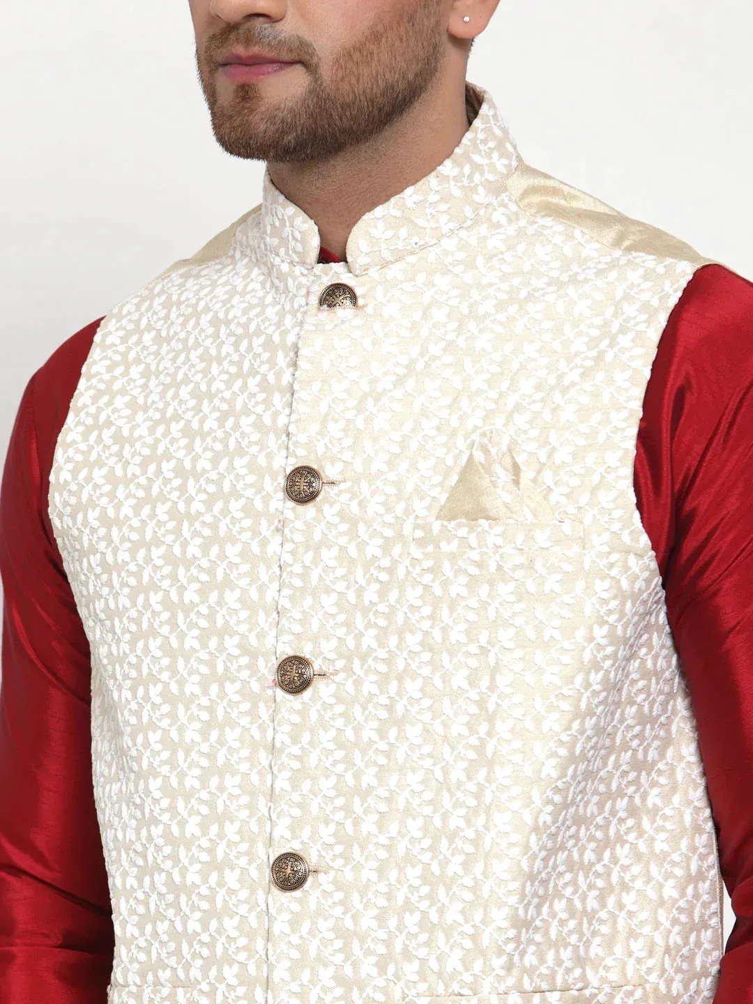 Men'S Beige Embroidered Nehru Jacket