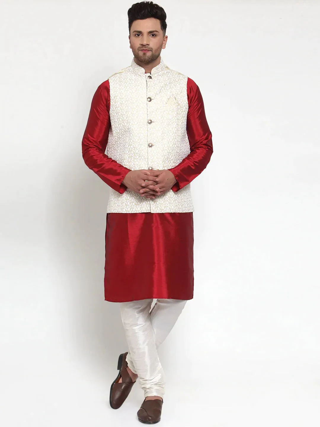 Men'S Beige Embroidered Nehru Jacket