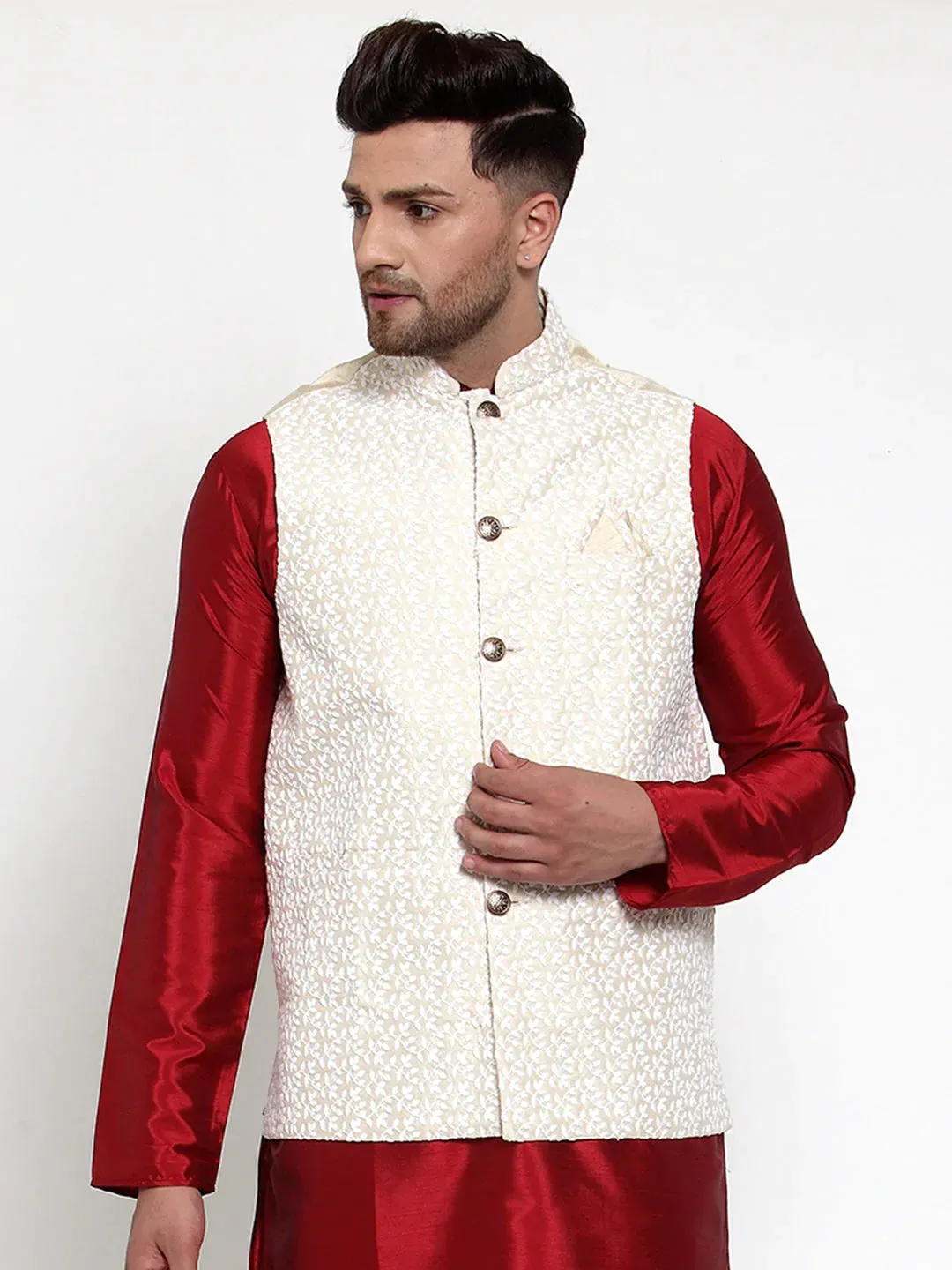 Men'S Beige Embroidered Nehru Jacket