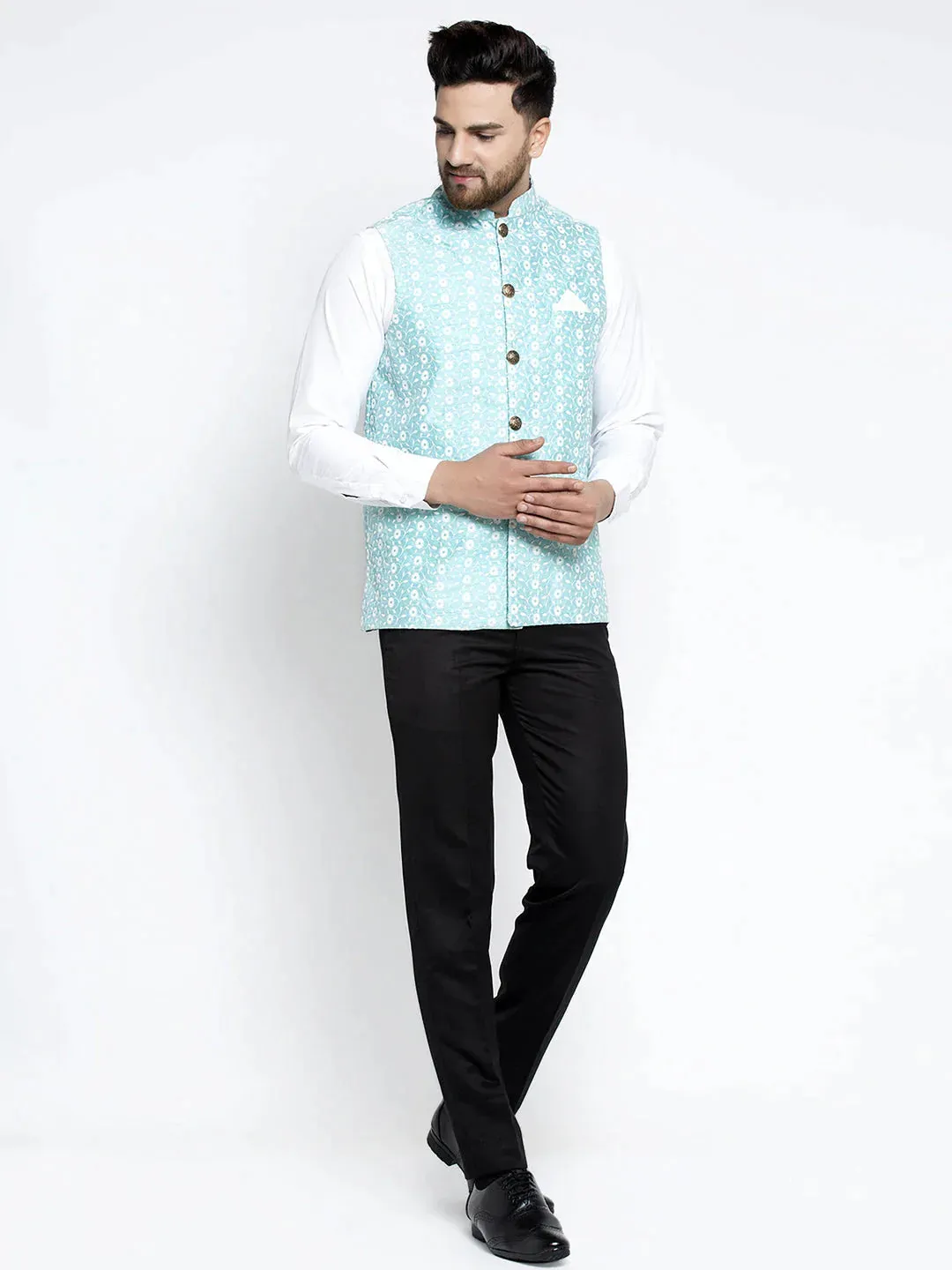 Men'S Blue Embroidered Nehru Jacket