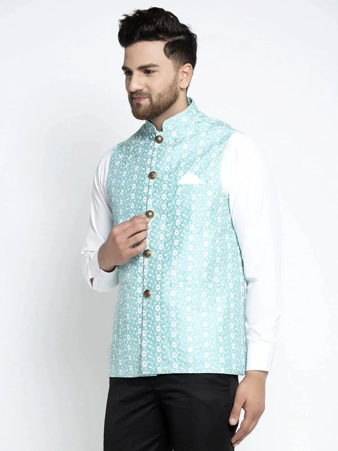 Men'S Blue Embroidered Nehru Jacket