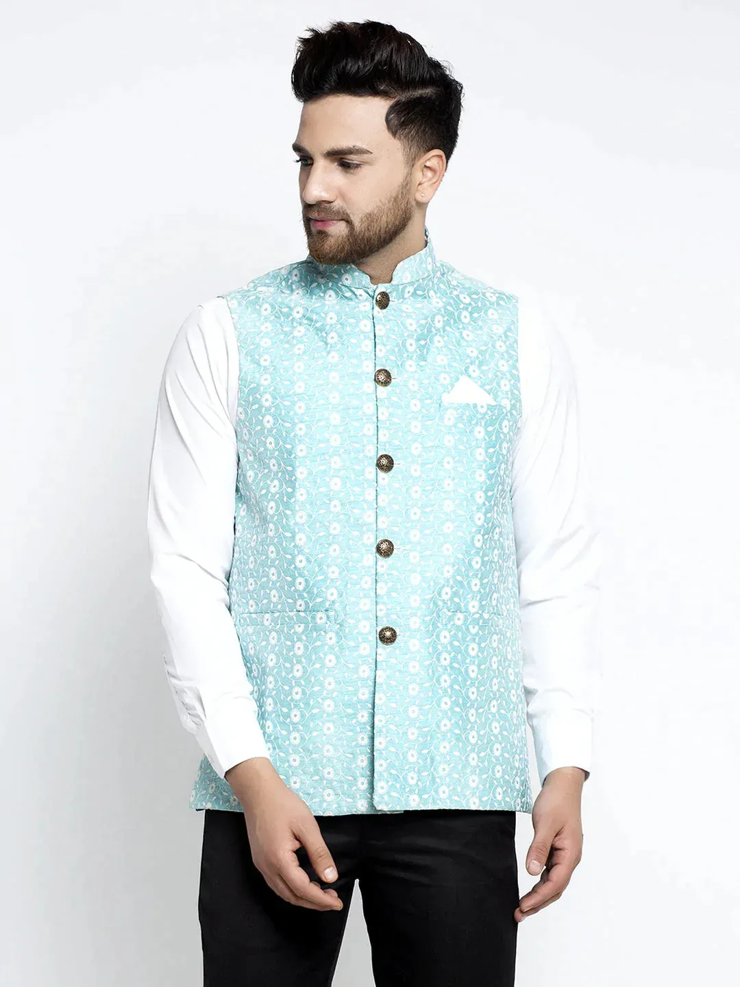 Men'S Blue Embroidered Nehru Jacket