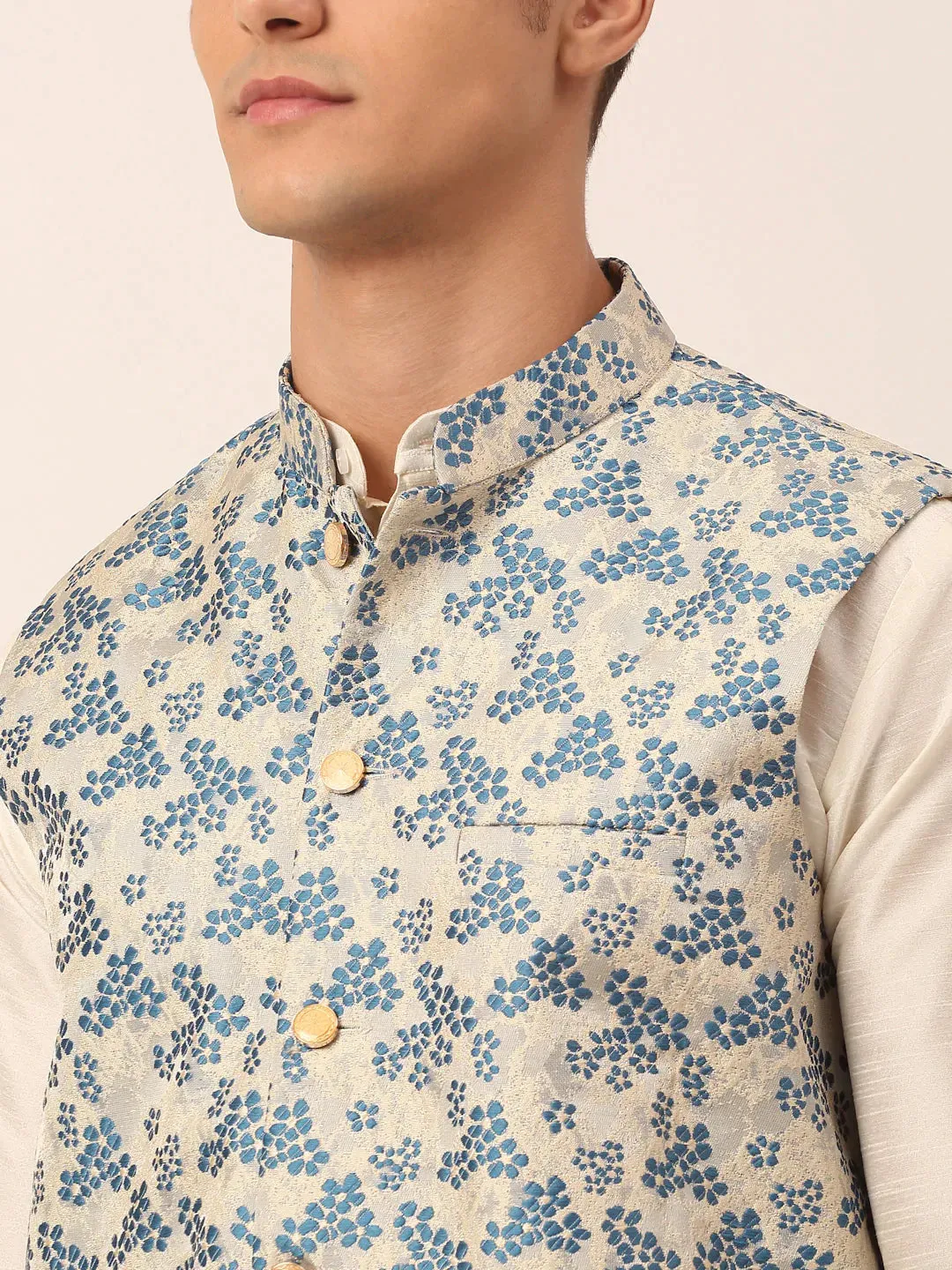 Men'S Blue Floral Design Nehru Jacket.