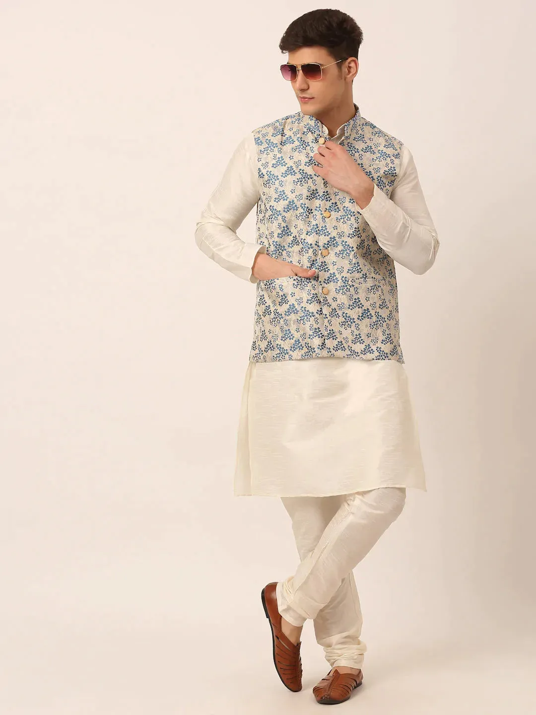 Men'S Blue Floral Design Nehru Jacket.