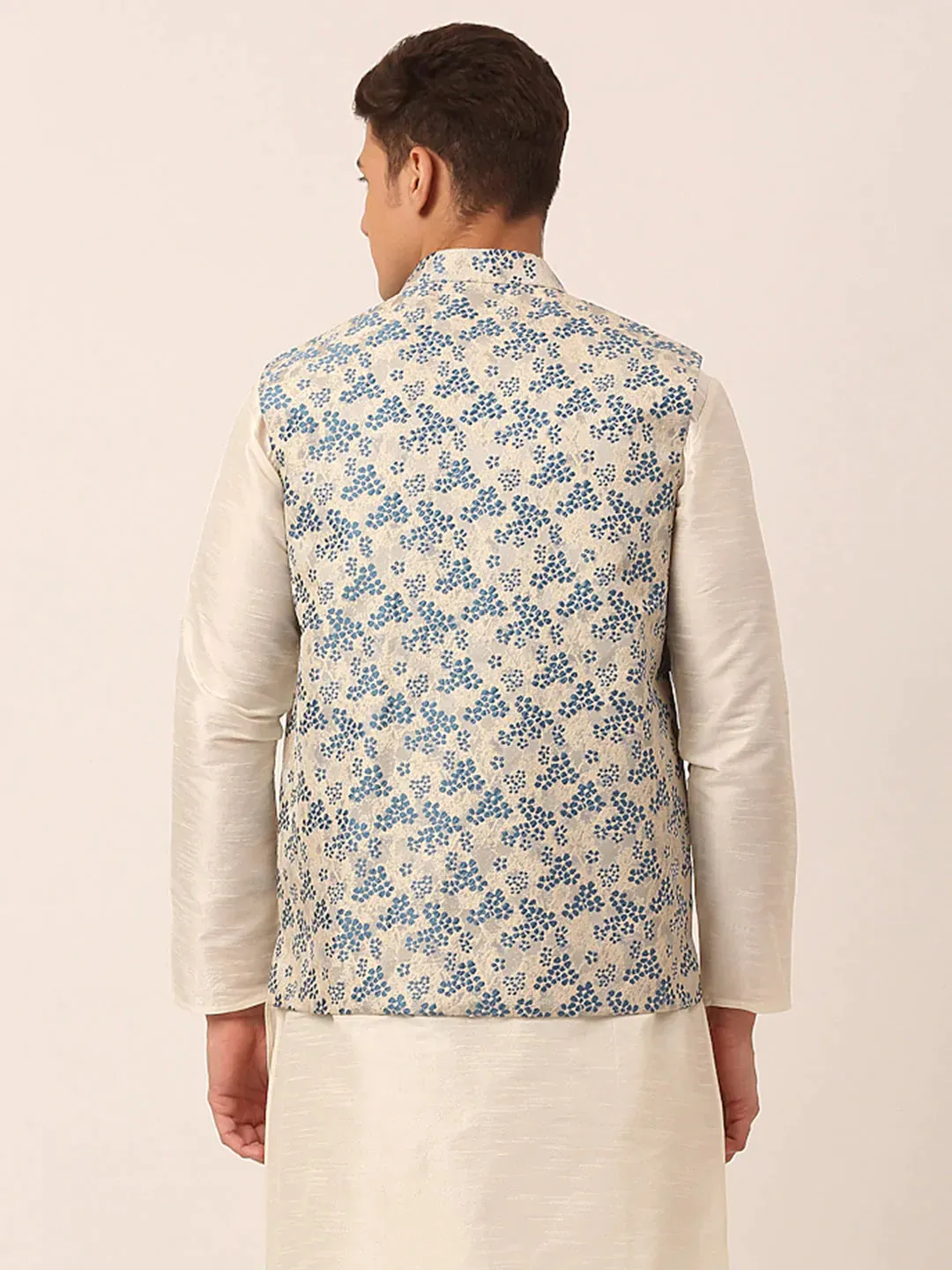 Men'S Blue Floral Design Nehru Jacket.