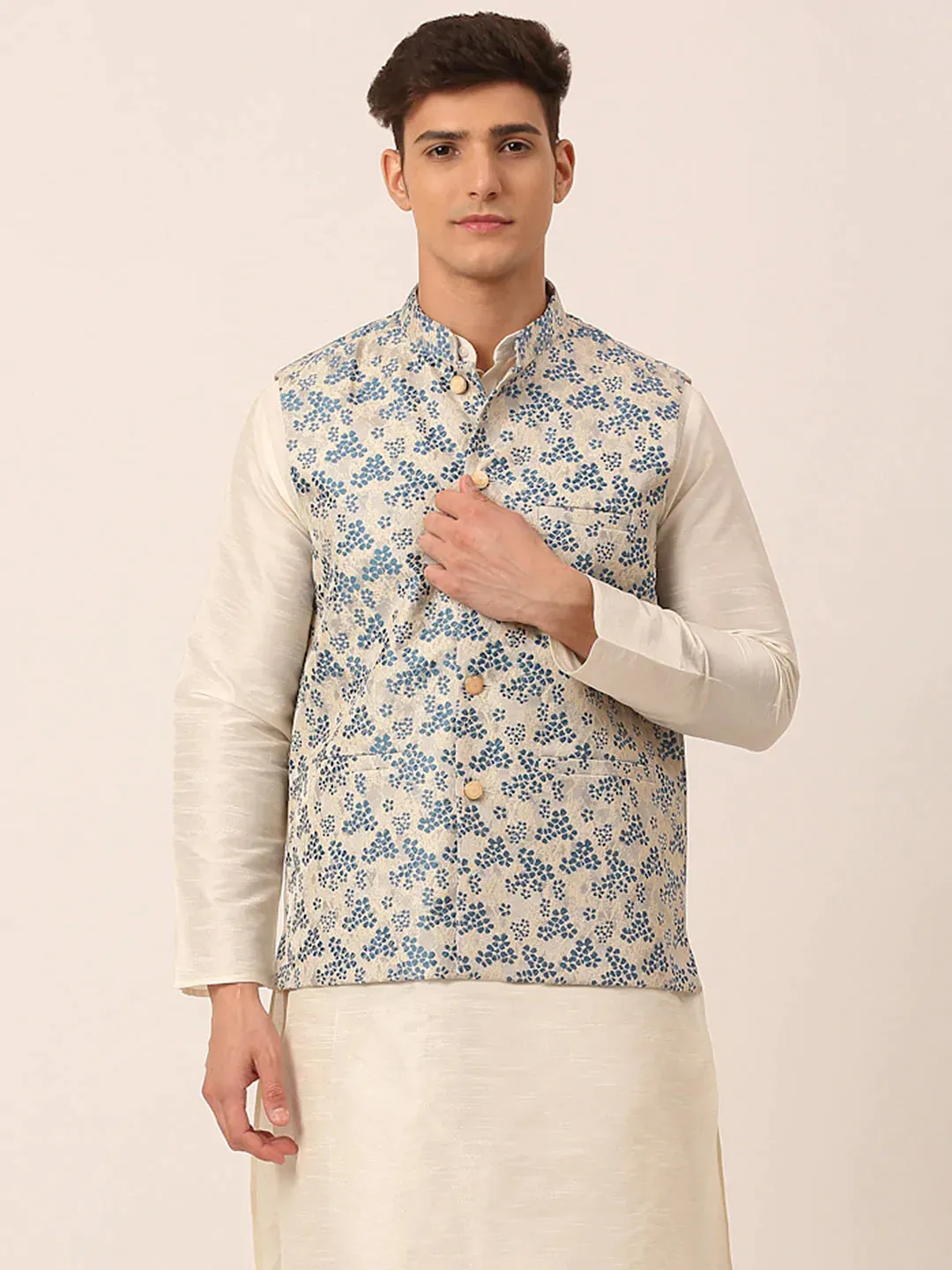 Men'S Blue Floral Design Nehru Jacket.