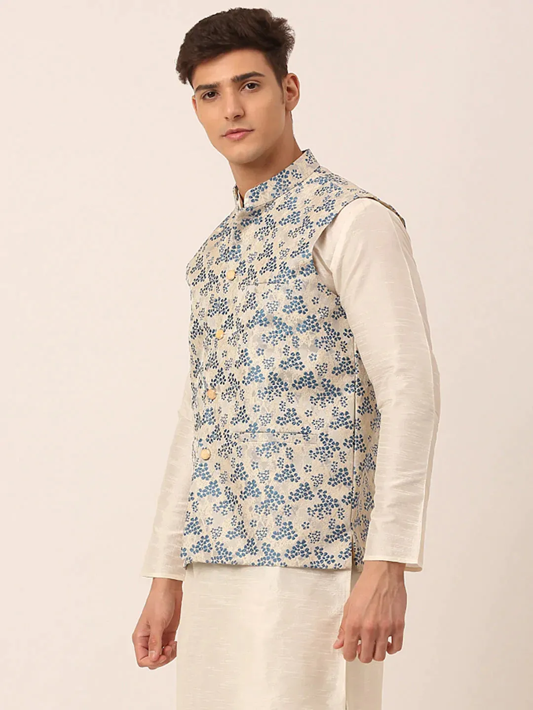 Men'S Blue Floral Design Nehru Jacket.