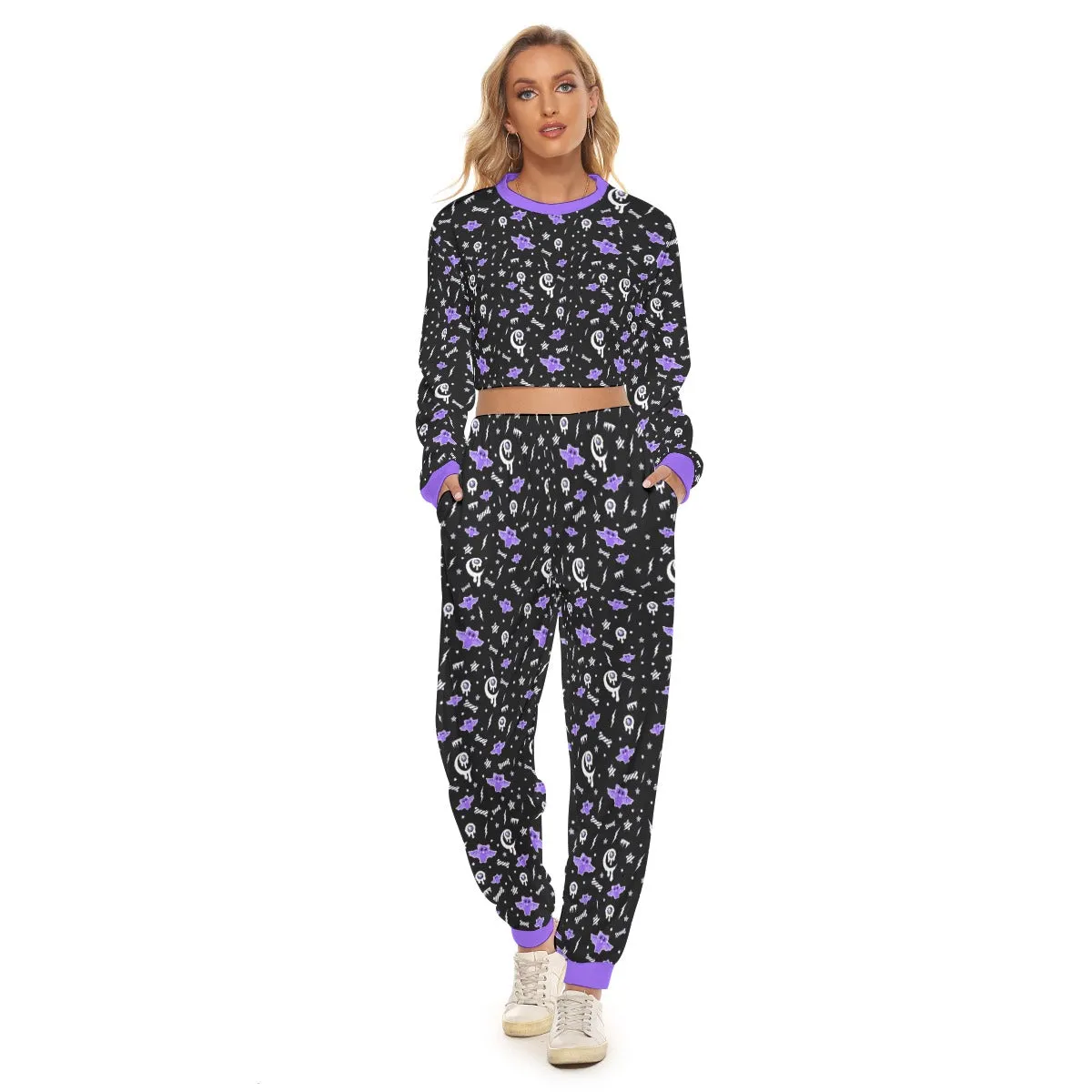 Milky Bat Night Women's Crop Sweatshirt & Sweatpants Set (Black)