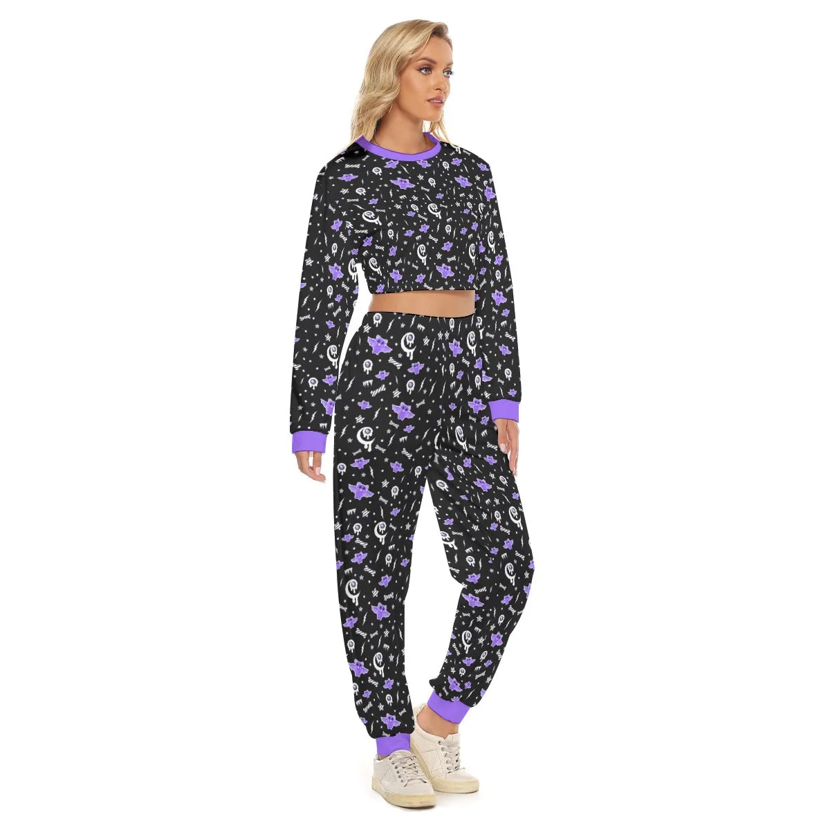 Milky Bat Night Women's Crop Sweatshirt & Sweatpants Set (Black)