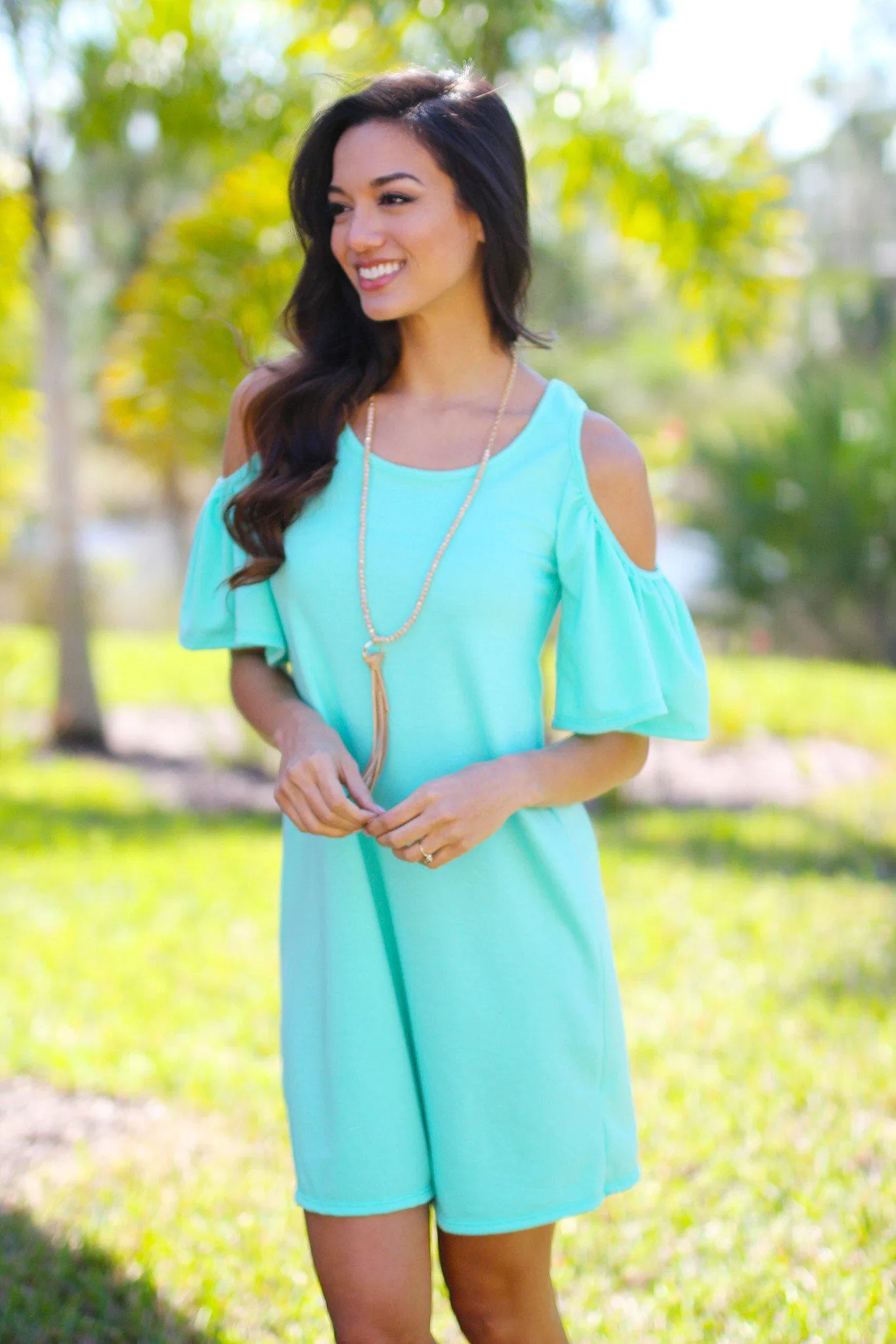 Mint Open Shoulder Ruffle Sleeves Tunic