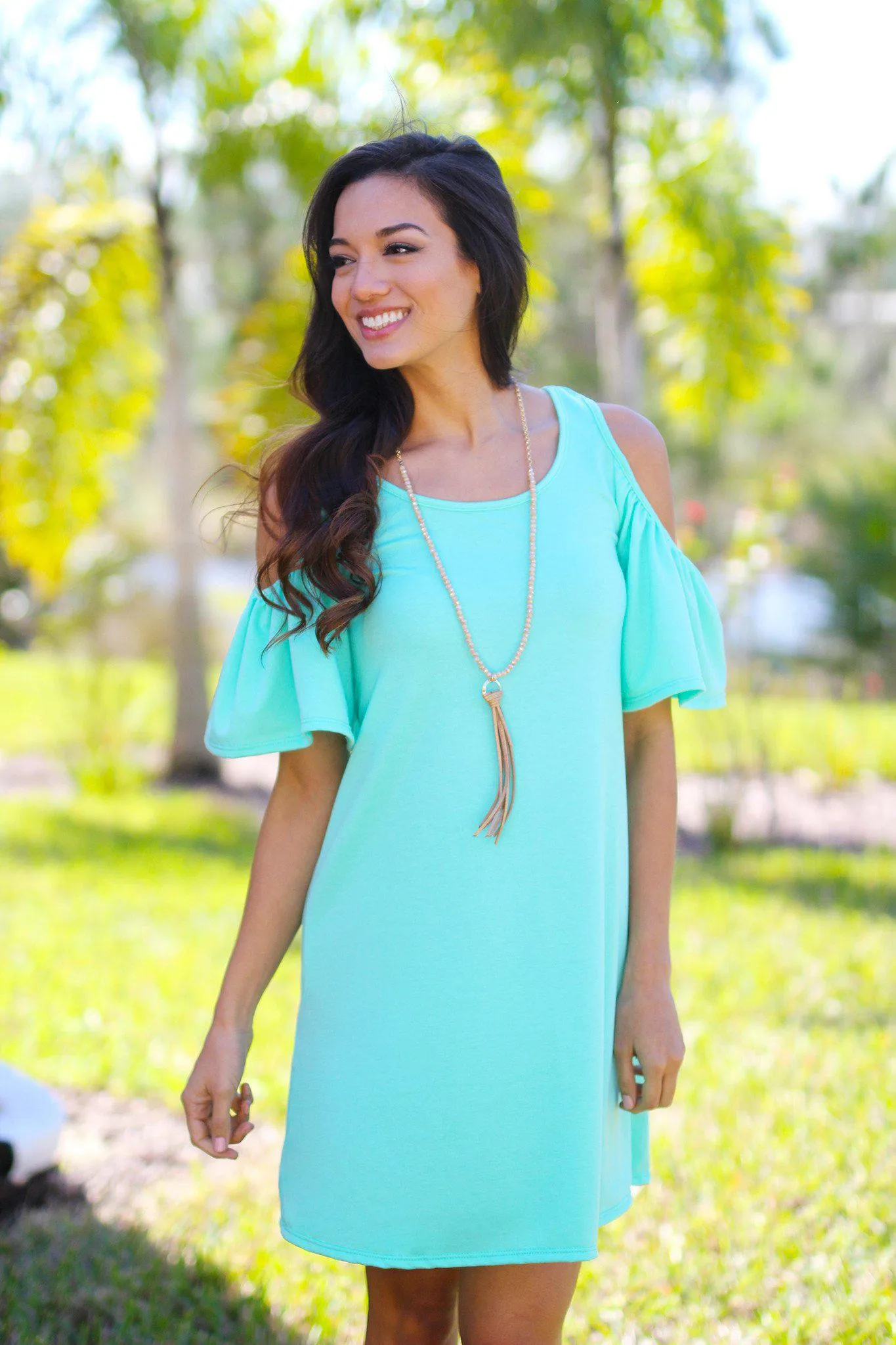 Mint Open Shoulder Ruffle Sleeves Tunic