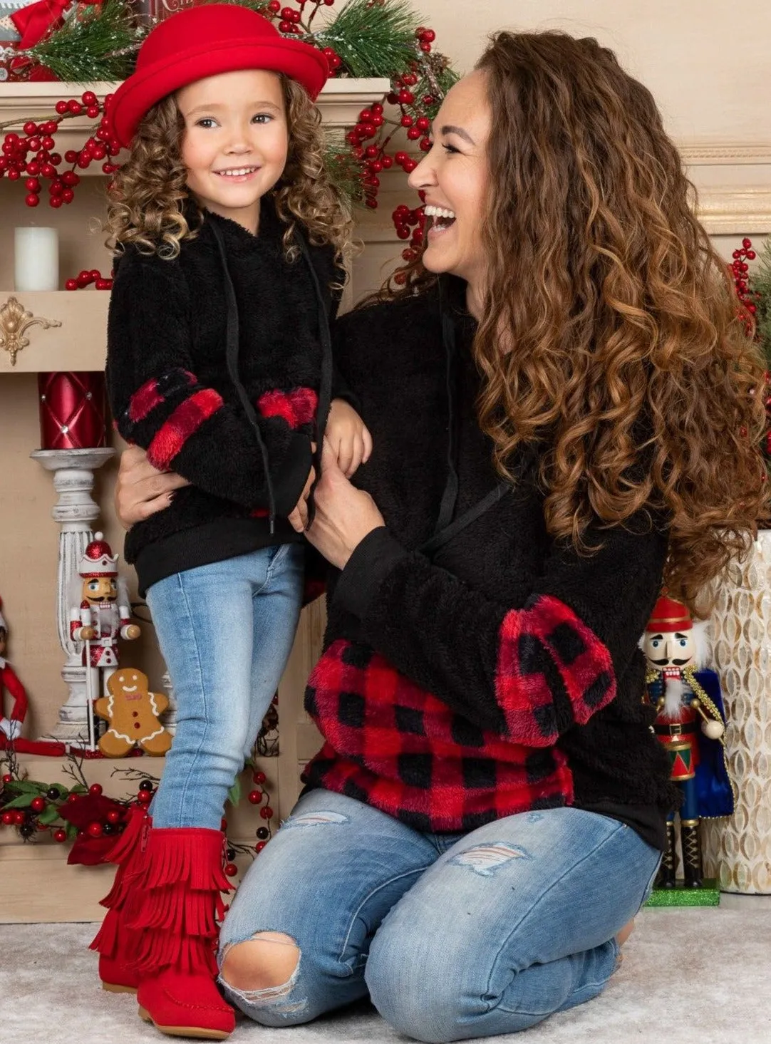 Mommy and Me Buffalo Plaid Plush Hoodie