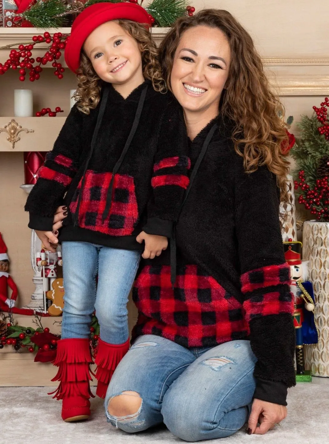 Mommy and Me Buffalo Plaid Plush Hoodie