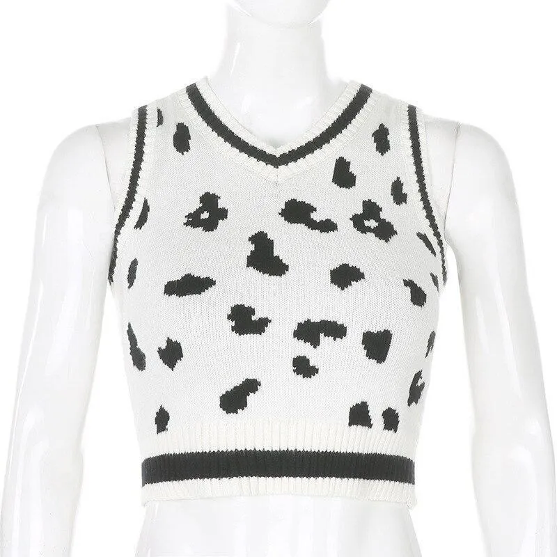 Mono Leopard Print Sleeveless Knit Crop Top Women's Top White Summer Y2K Casual V Neck Vest Sexy Tank