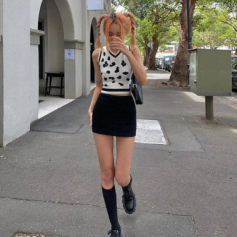 Mono Leopard Print Sleeveless Knit Crop Top Women's Top White Summer Y2K Casual V Neck Vest Sexy Tank