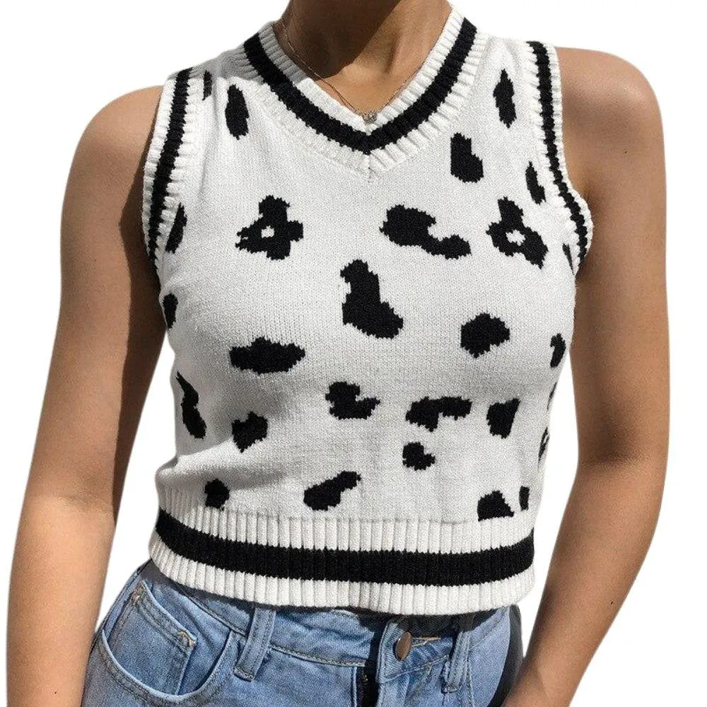 Mono Leopard Print Sleeveless Knit Crop Top Women's Top White Summer Y2K Casual V Neck Vest Sexy Tank